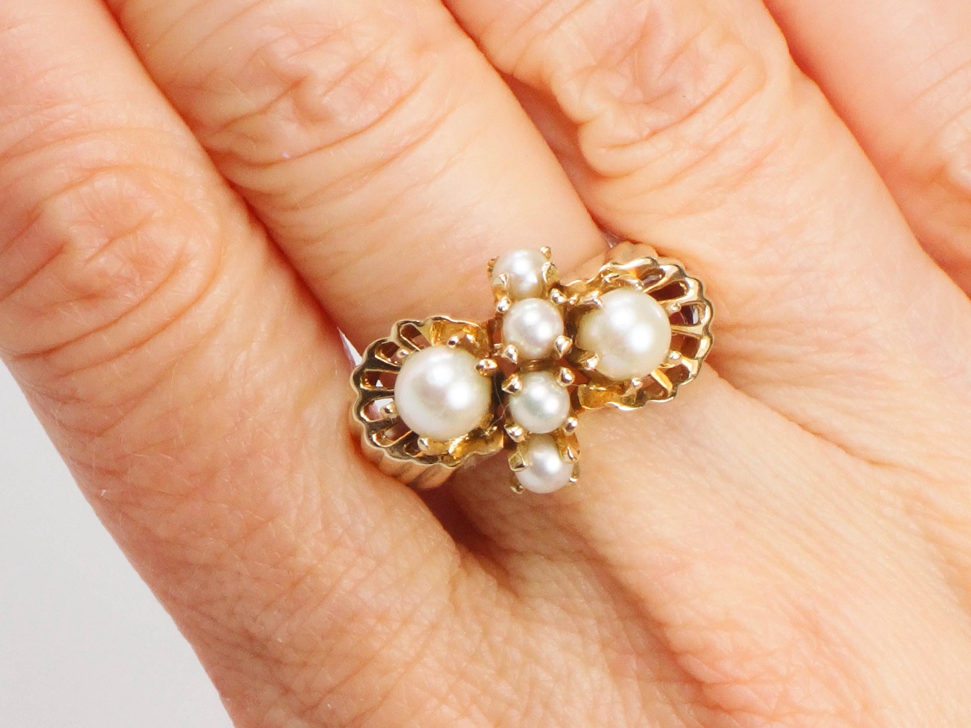 Vintage 14k Yellow Gold Cultured Pearl Cluster Ring, June Birthstone Jewelry, Size 7