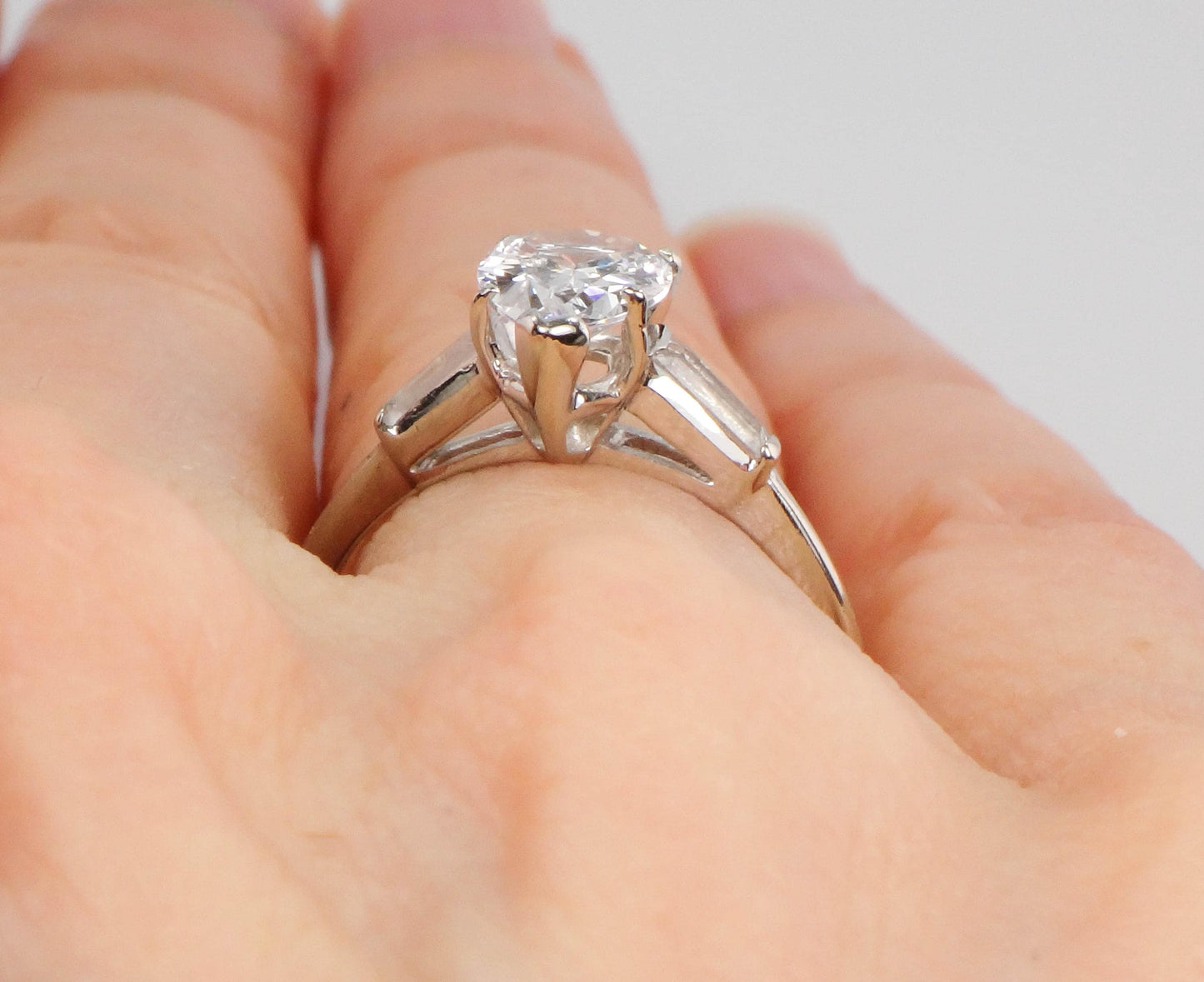 14k Pear Cut Cubic Zirconia Engagement Ring with Sapphire Baguettes - White Gold Vintage Fine Jewelry - Size 6.25