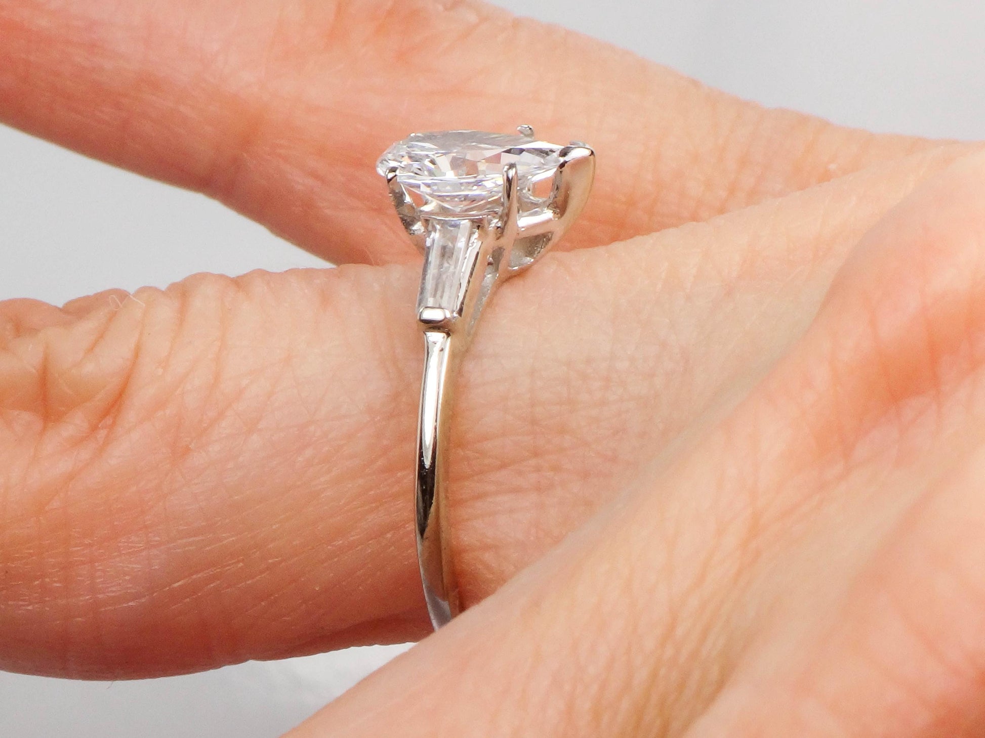 14k Pear Cut Cubic Zirconia Engagement Ring with Sapphire Baguettes - White Gold Vintage Fine Jewelry - Size 6.25