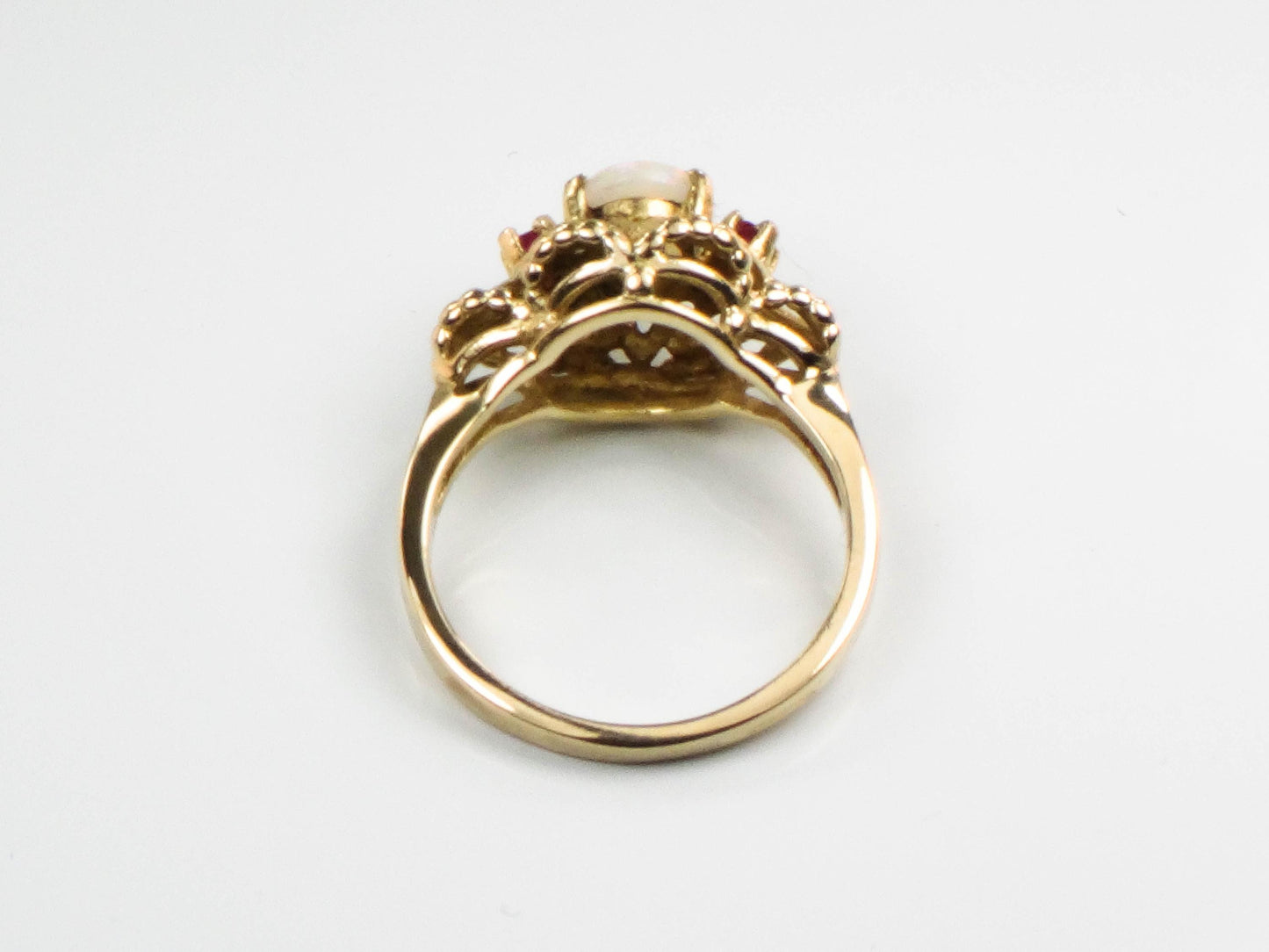 Vintage 14k Yellow Gold Genuine Opal Ring with Rubies October Birthstone Size 6.25