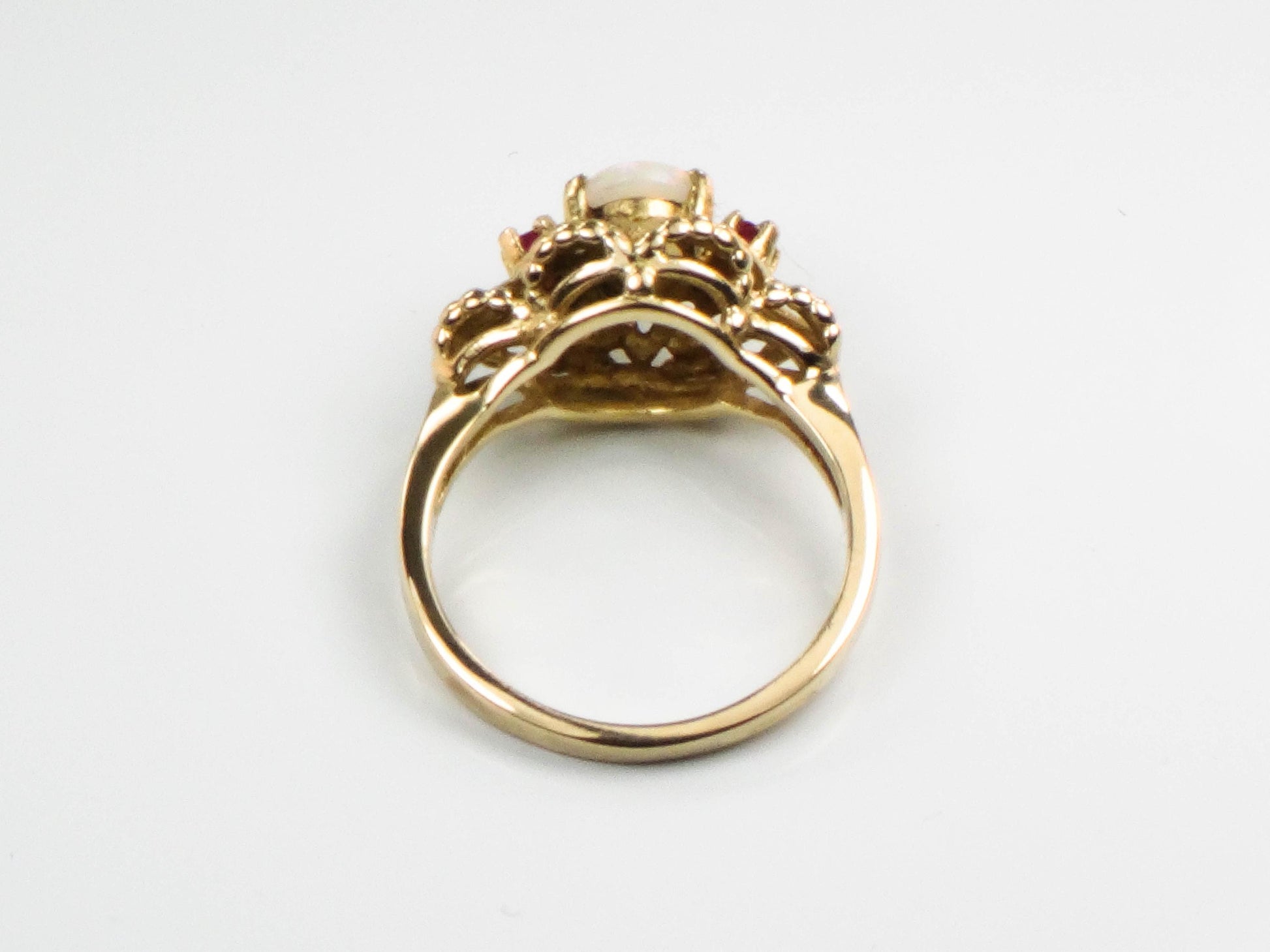 Vintage 14k Yellow Gold Genuine Opal Ring with Rubies October Birthstone Size 6.25
