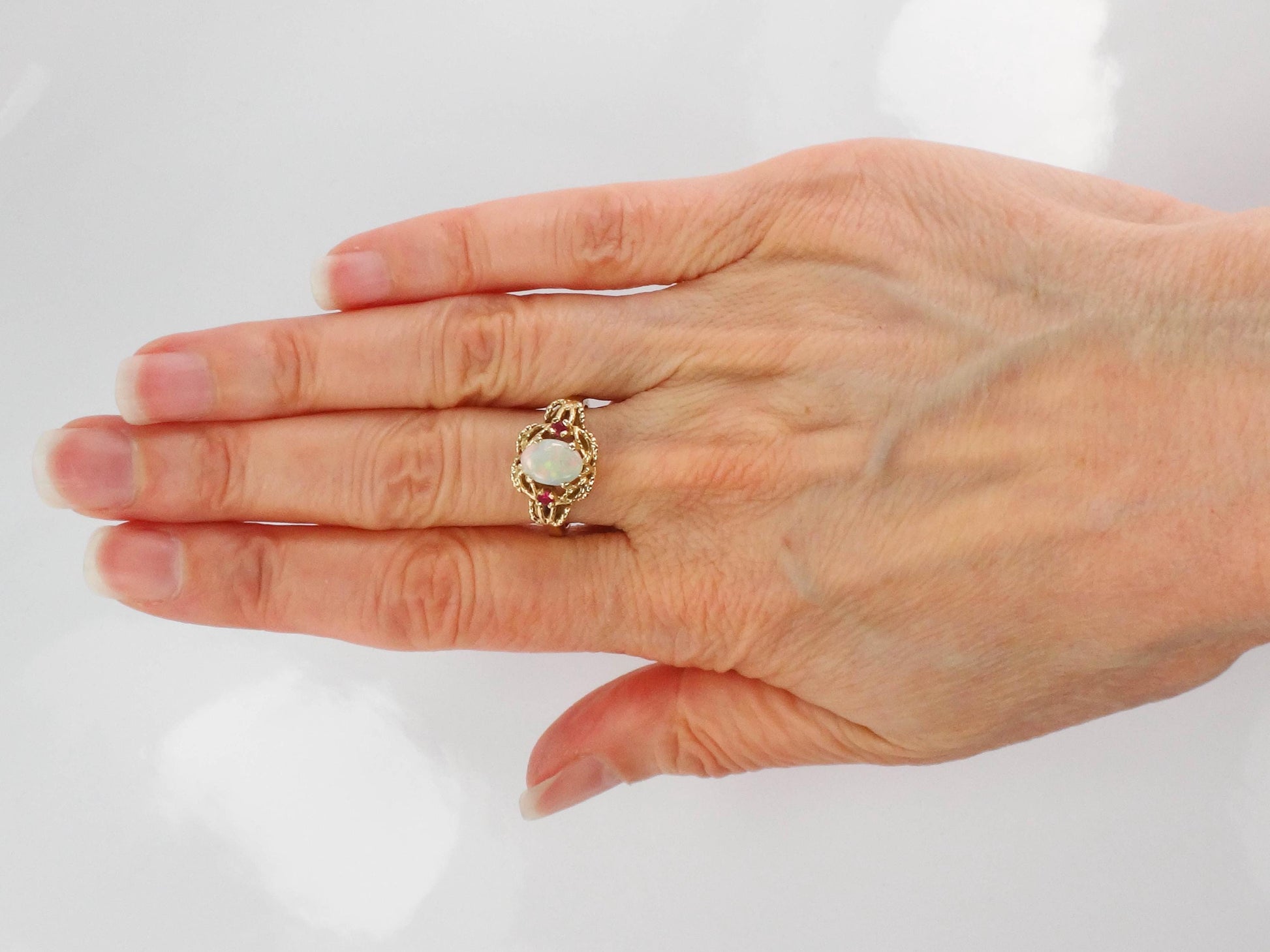 Vintage 14k Yellow Gold Genuine Opal Ring with Rubies October Birthstone Size 6.25