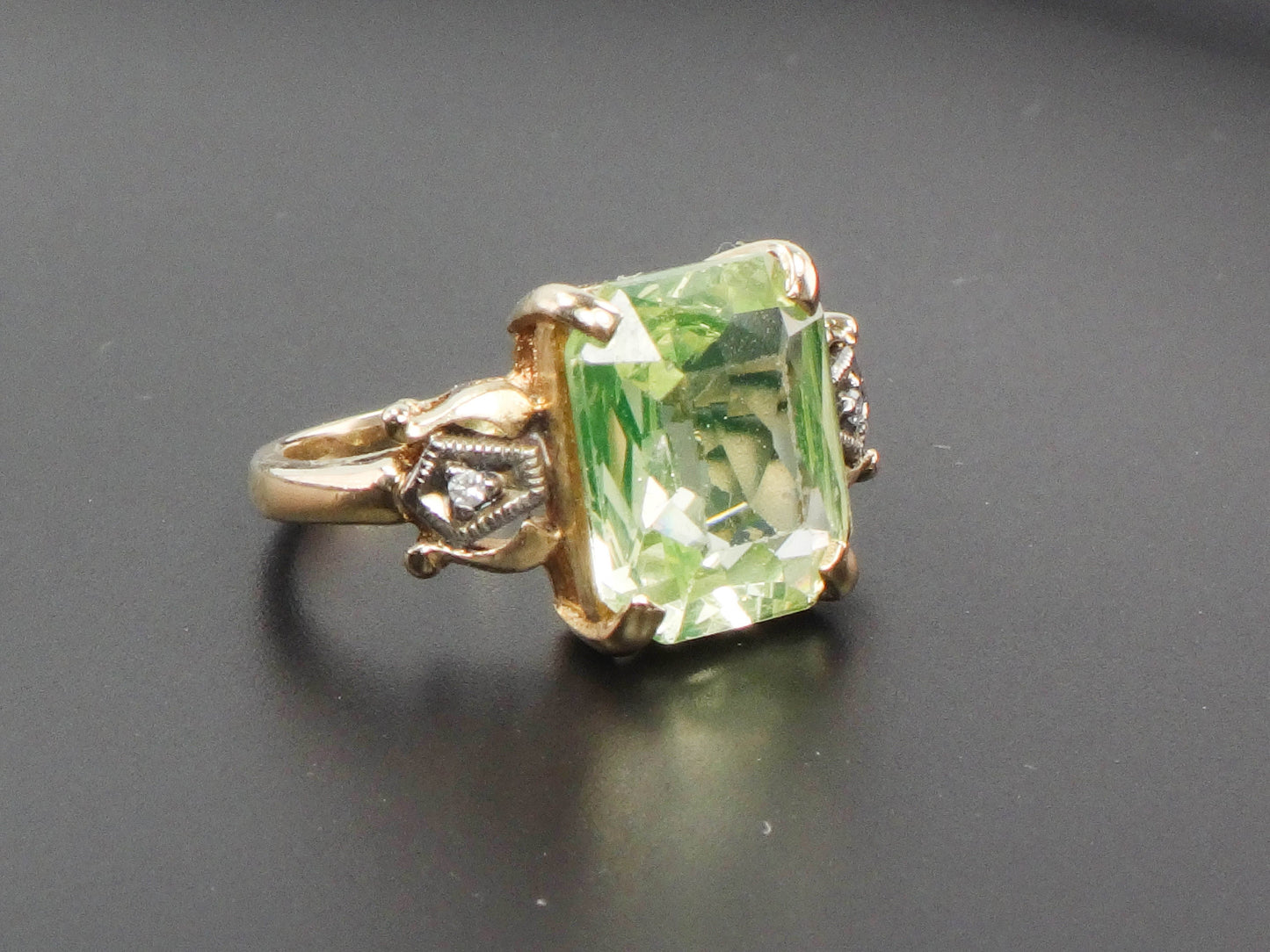 Vintage 14k Gold Green Spinel and Diamond Ring, Green Rectangle Cut August Birthstone Ring, Size 6