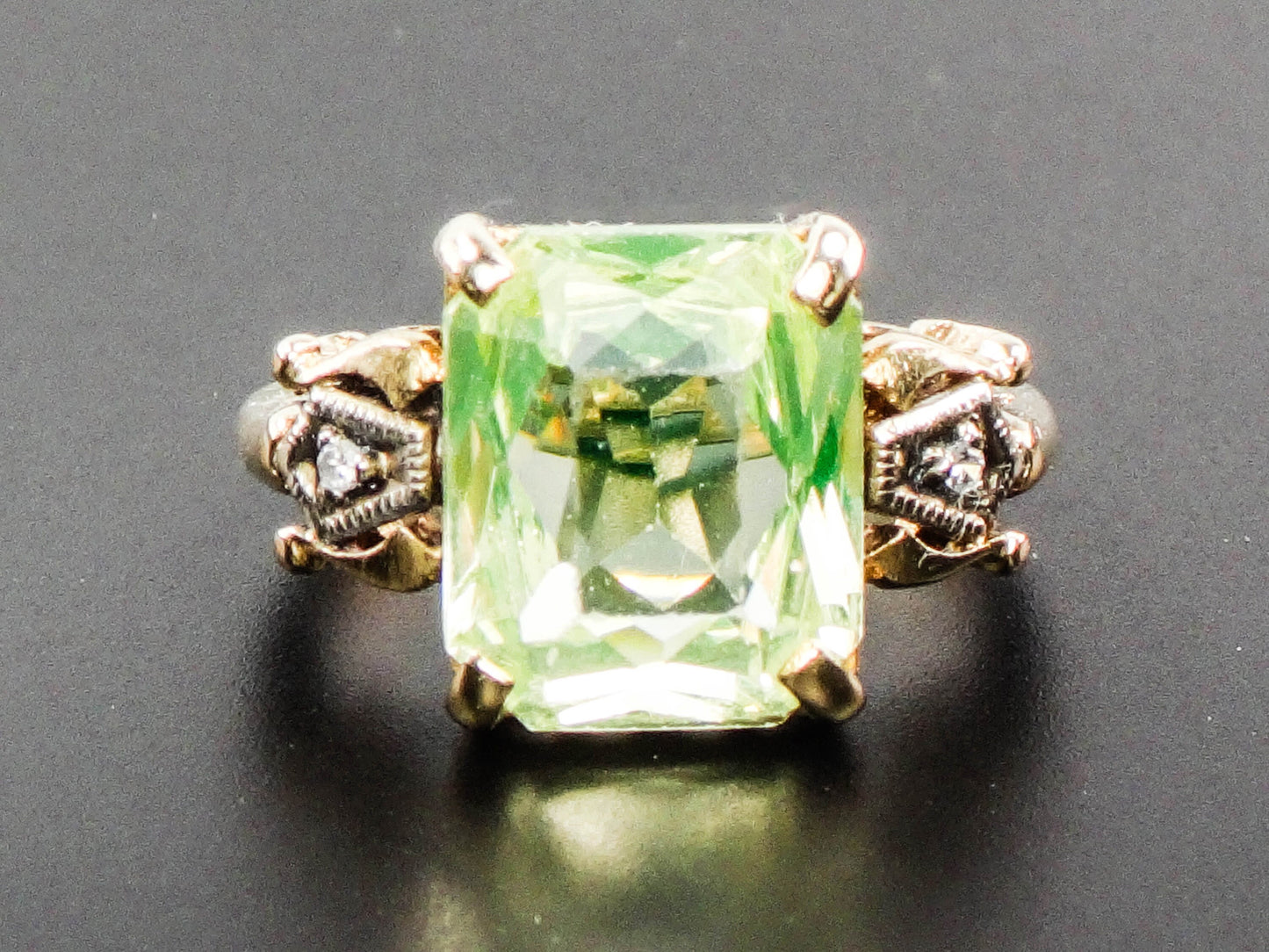 Vintage 14k Gold Green Spinel and Diamond Ring, Green Rectangle Cut August Birthstone Ring, Size 6