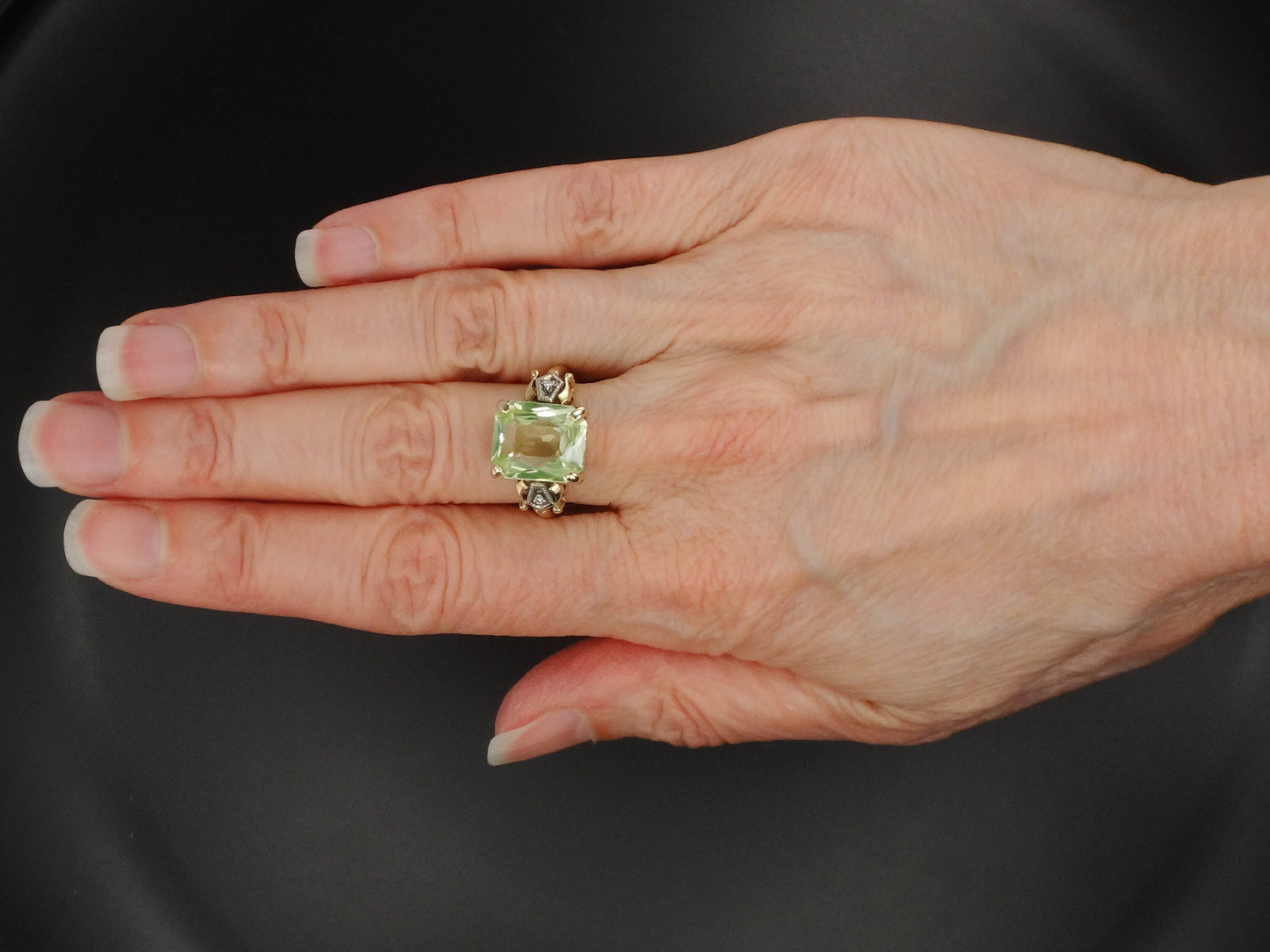 Vintage 14k Gold Green Spinel and Diamond Ring, Green Rectangle Cut August Birthstone Ring, Size 6