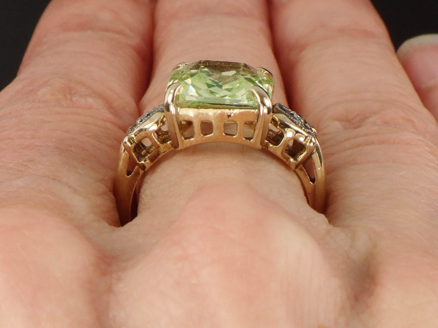 Vintage 14k Gold Green Spinel and Diamond Ring, Green Rectangle Cut August Birthstone Ring, Size 6