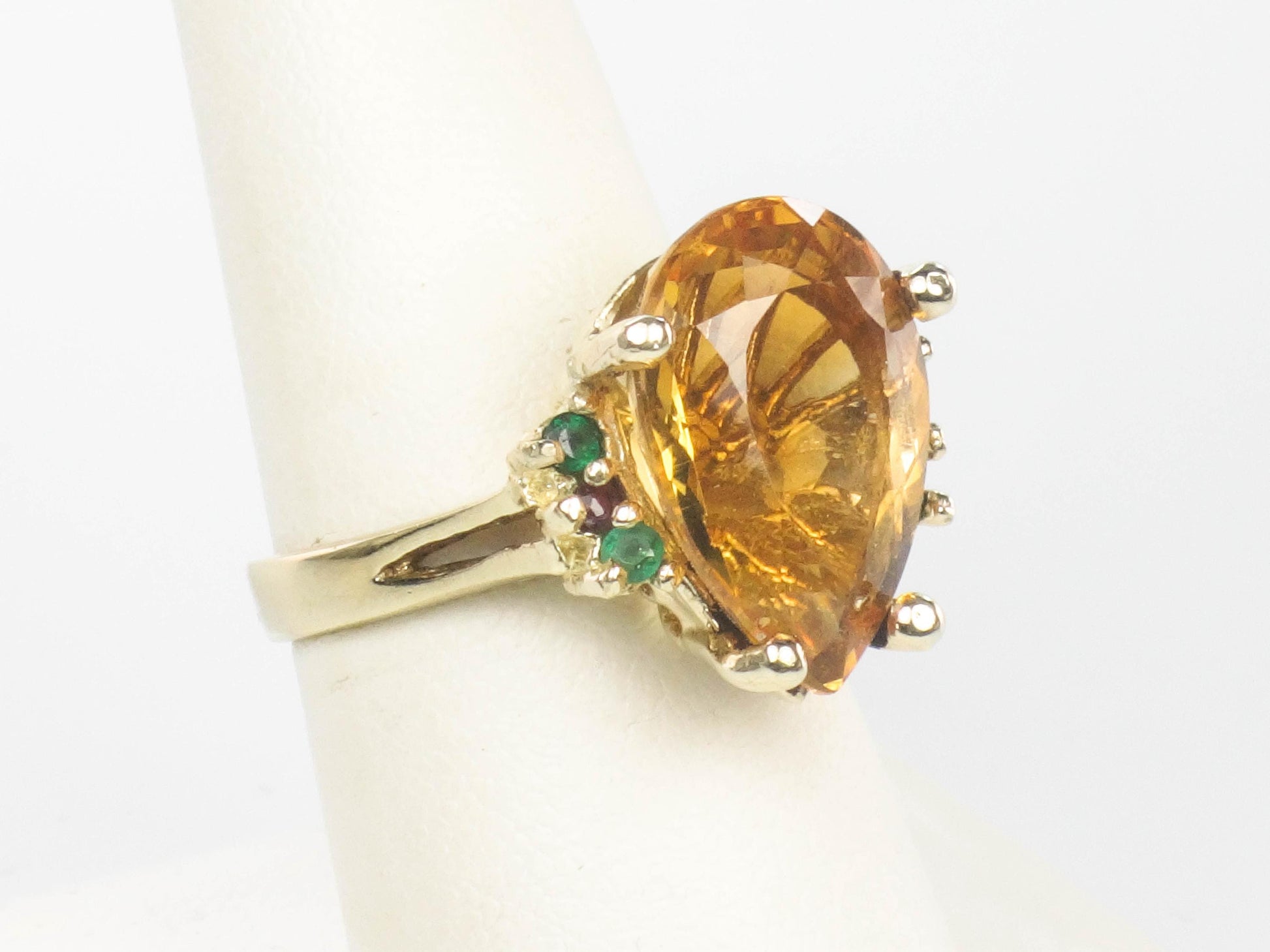 Vintage 14k Yellow Gold Citrine Ring with Emeralds and Rubies, Size 8.25
