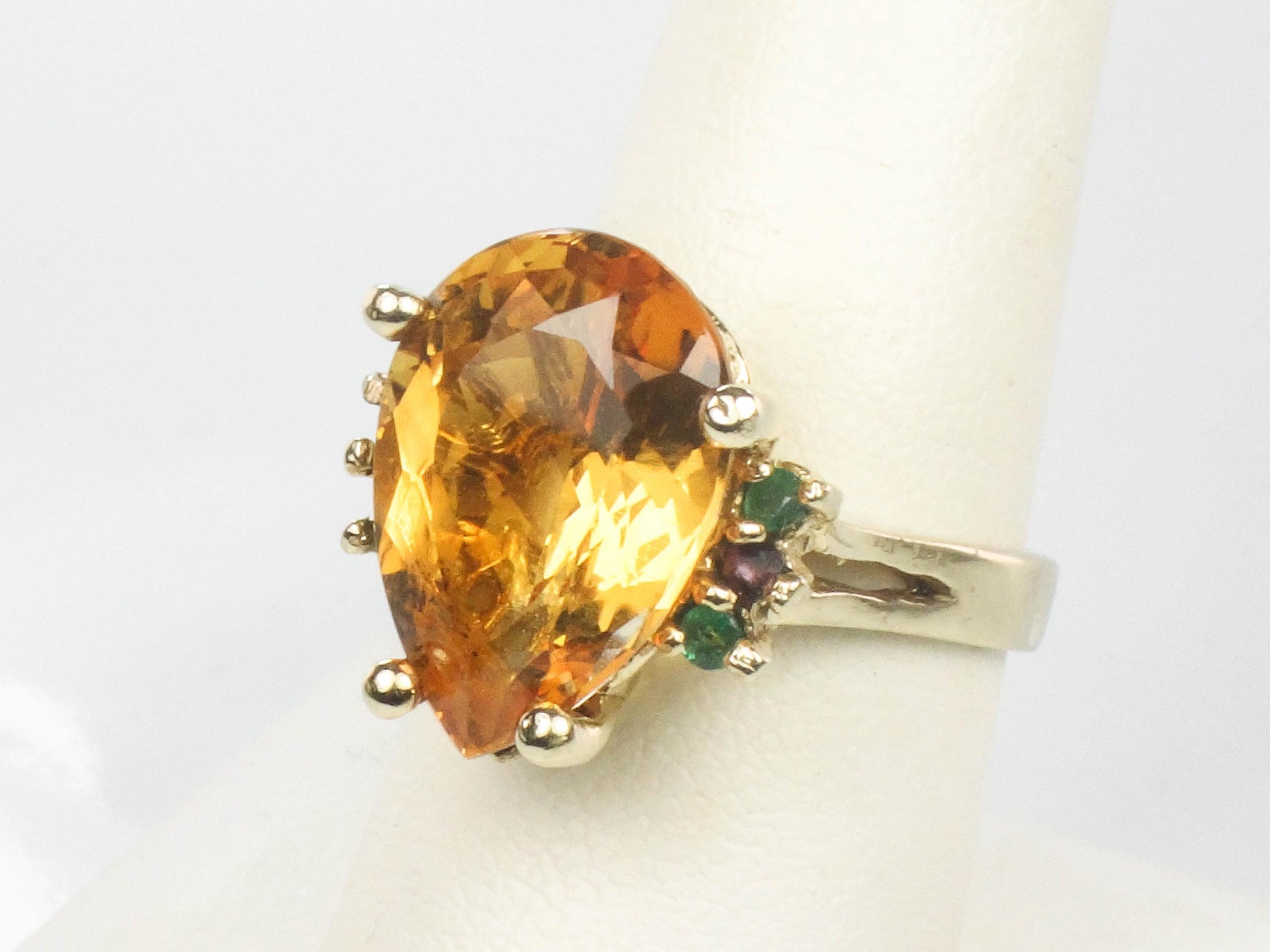 Vintage 14k Yellow Gold Citrine Ring with Emeralds and Rubies, Size 8.25