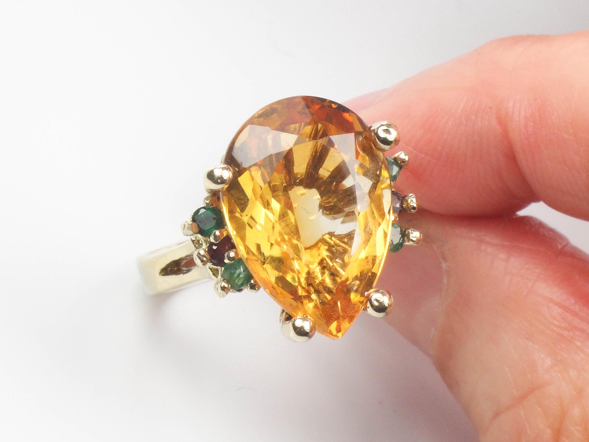 Vintage 14k Yellow Gold Citrine Ring with Emeralds and Rubies, Size 8.25