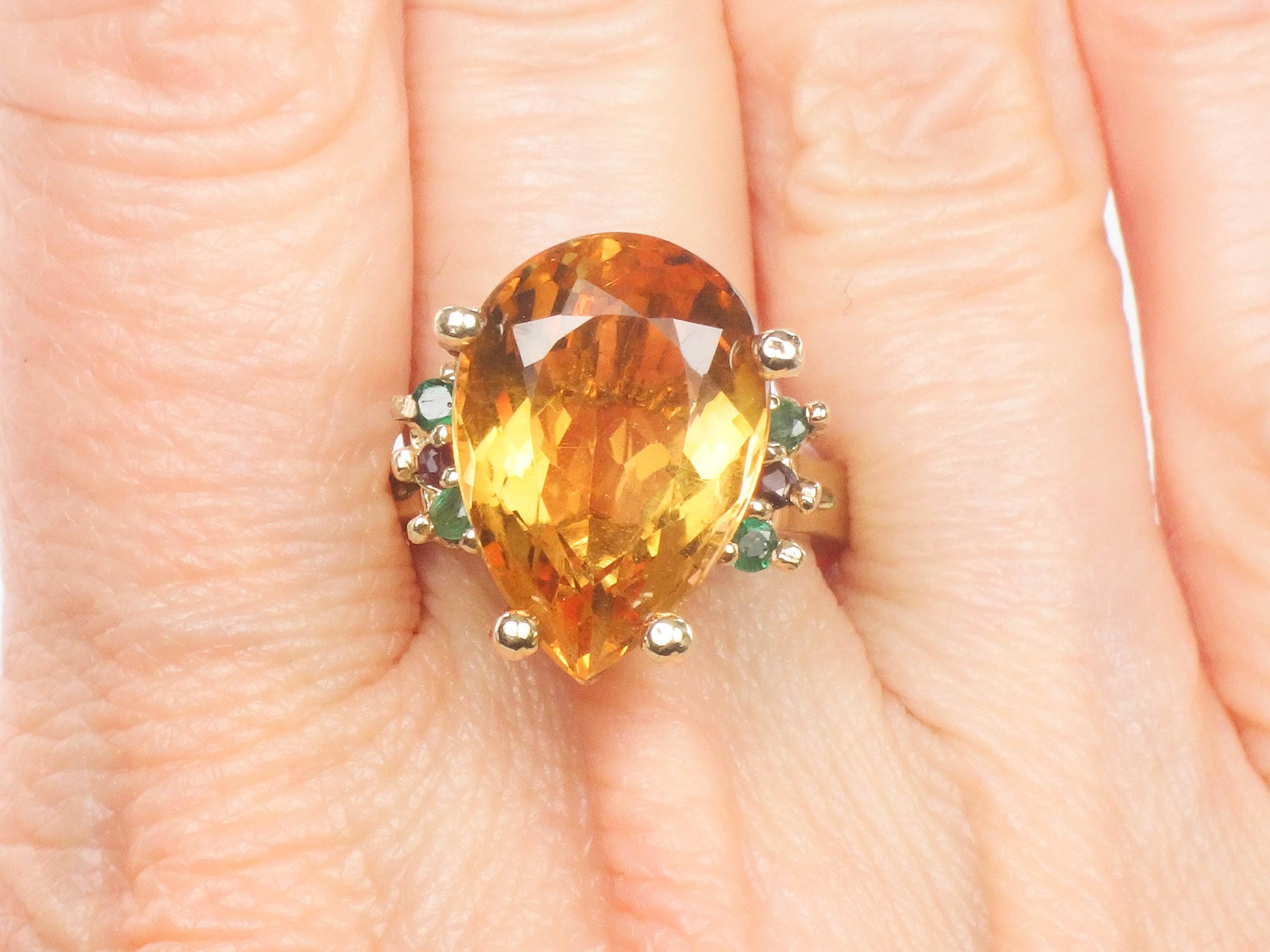 Vintage 14k Yellow Gold Citrine Ring with Emeralds and Rubies, Size 8.25