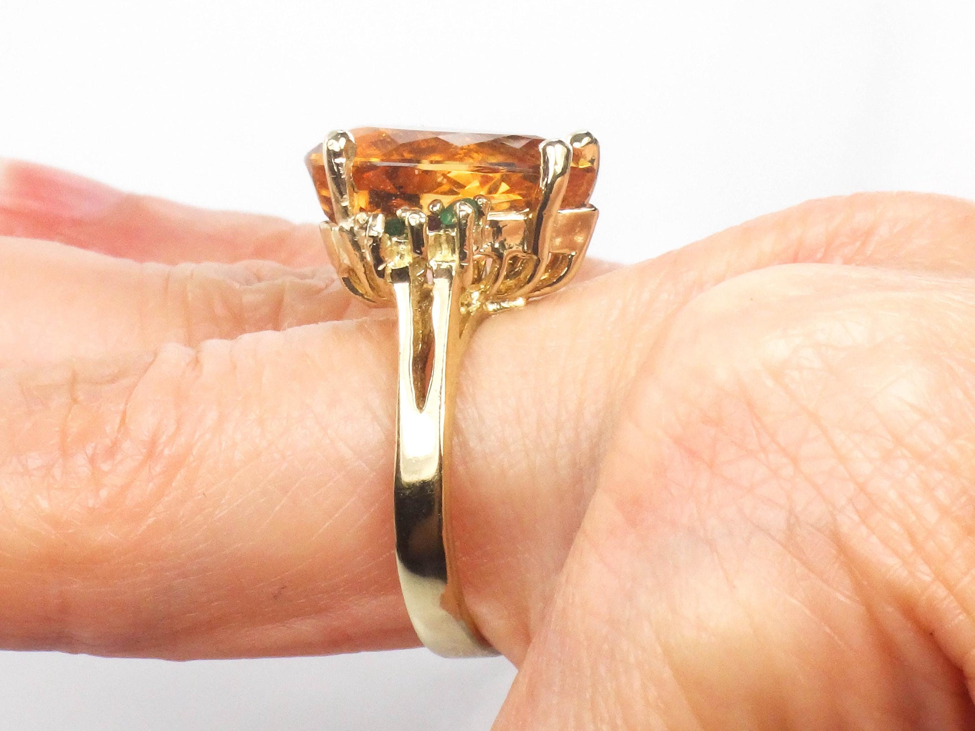 Vintage 14k Yellow Gold Citrine Ring with Emeralds and Rubies, Size 8.25