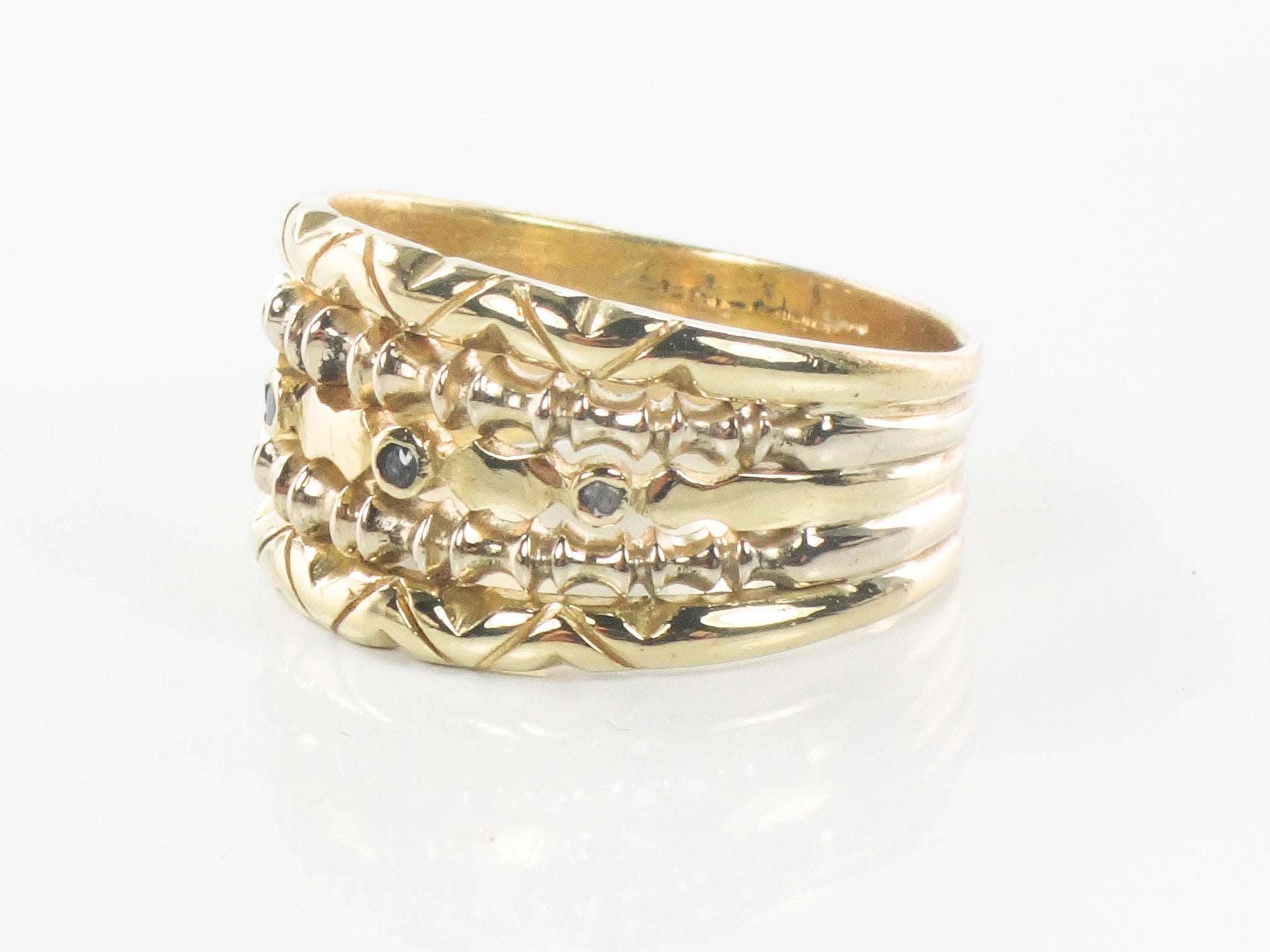 18k Yellow Gold Blue Sapphire Cigar Band Ring - Wide Stacking Multi-Band Style - Size 11.5 - Vintage Fine Jewelry