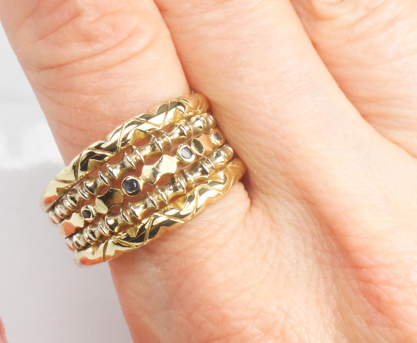 18k Yellow Gold Blue Sapphire Cigar Band Ring - Wide Stacking Multi-Band Style - Size 11.5 - Vintage Fine Jewelry