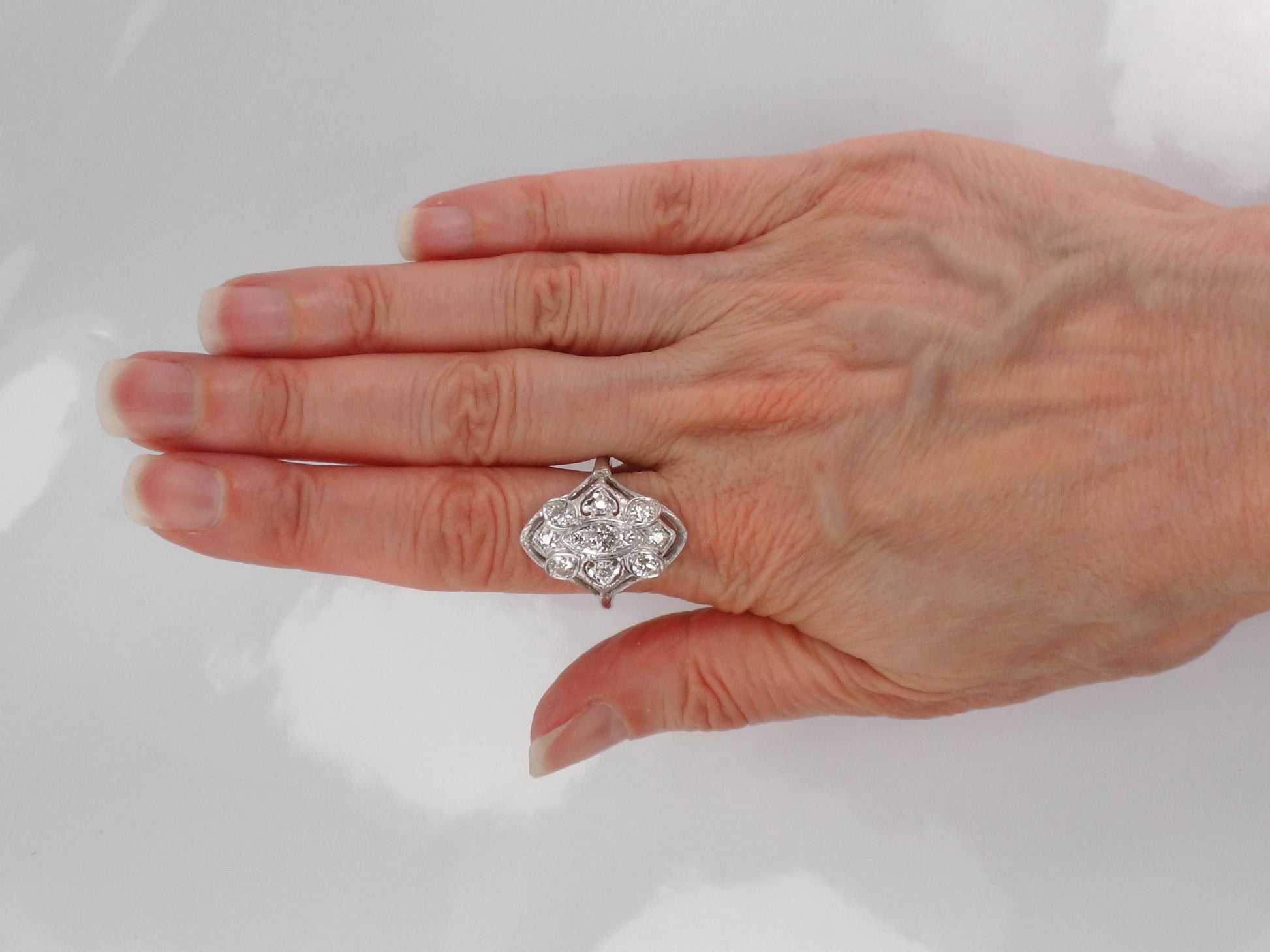 Vintage Art Deco Diamond Cluster Ring: 14k White Gold, Old Mine Cut