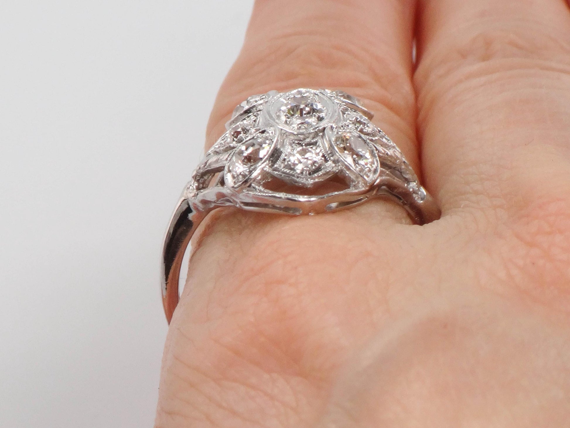 Vintage Art Deco Diamond Cluster Ring: 14k White Gold, Old Mine Cut