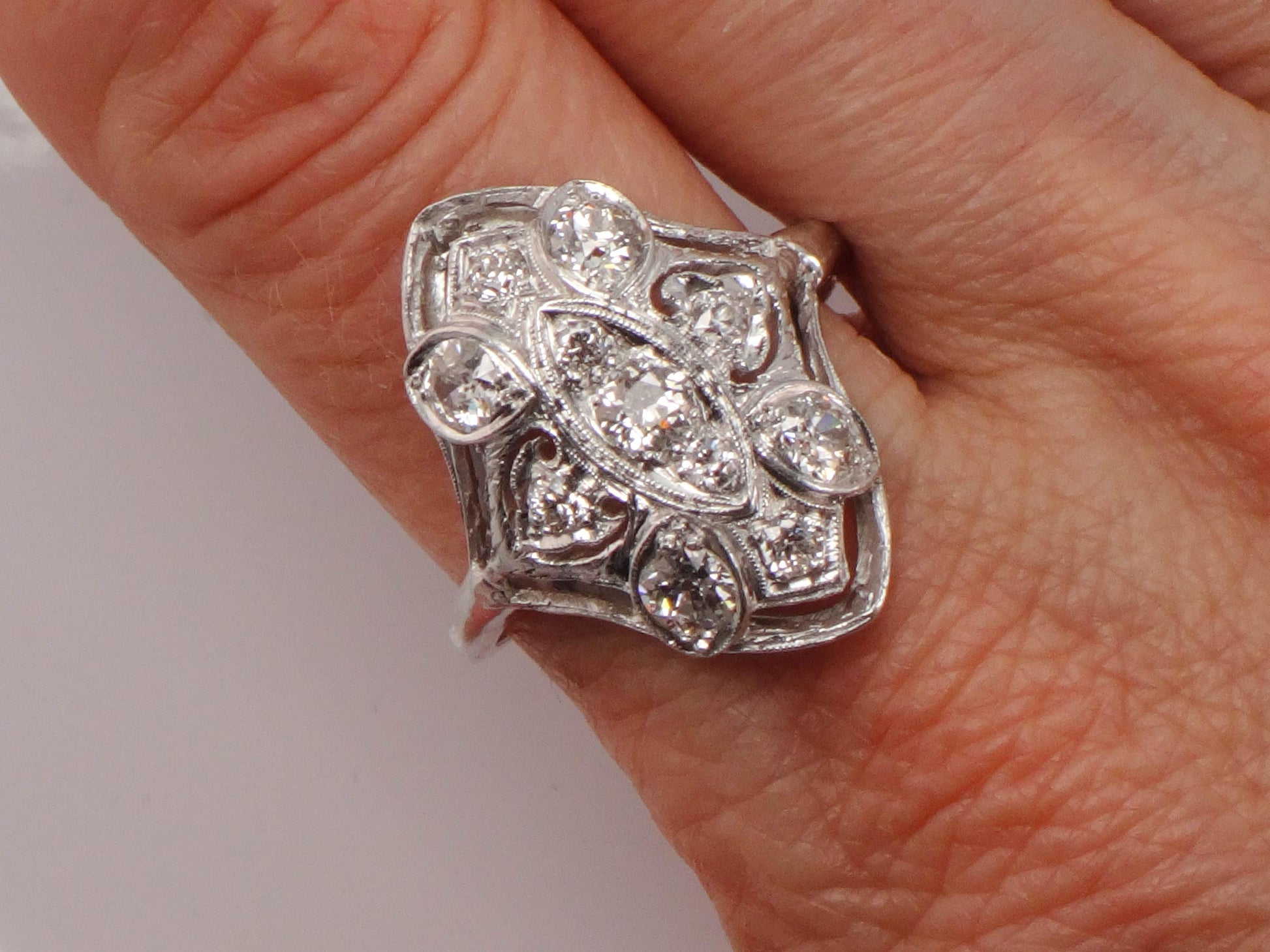 Vintage Art Deco Diamond Cluster Ring: 14k White Gold, Old Mine Cut