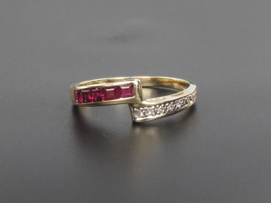 Vintage 14k Yellow Gold Ruby and Diamond Ring Crossover Style Ring Size 7.75