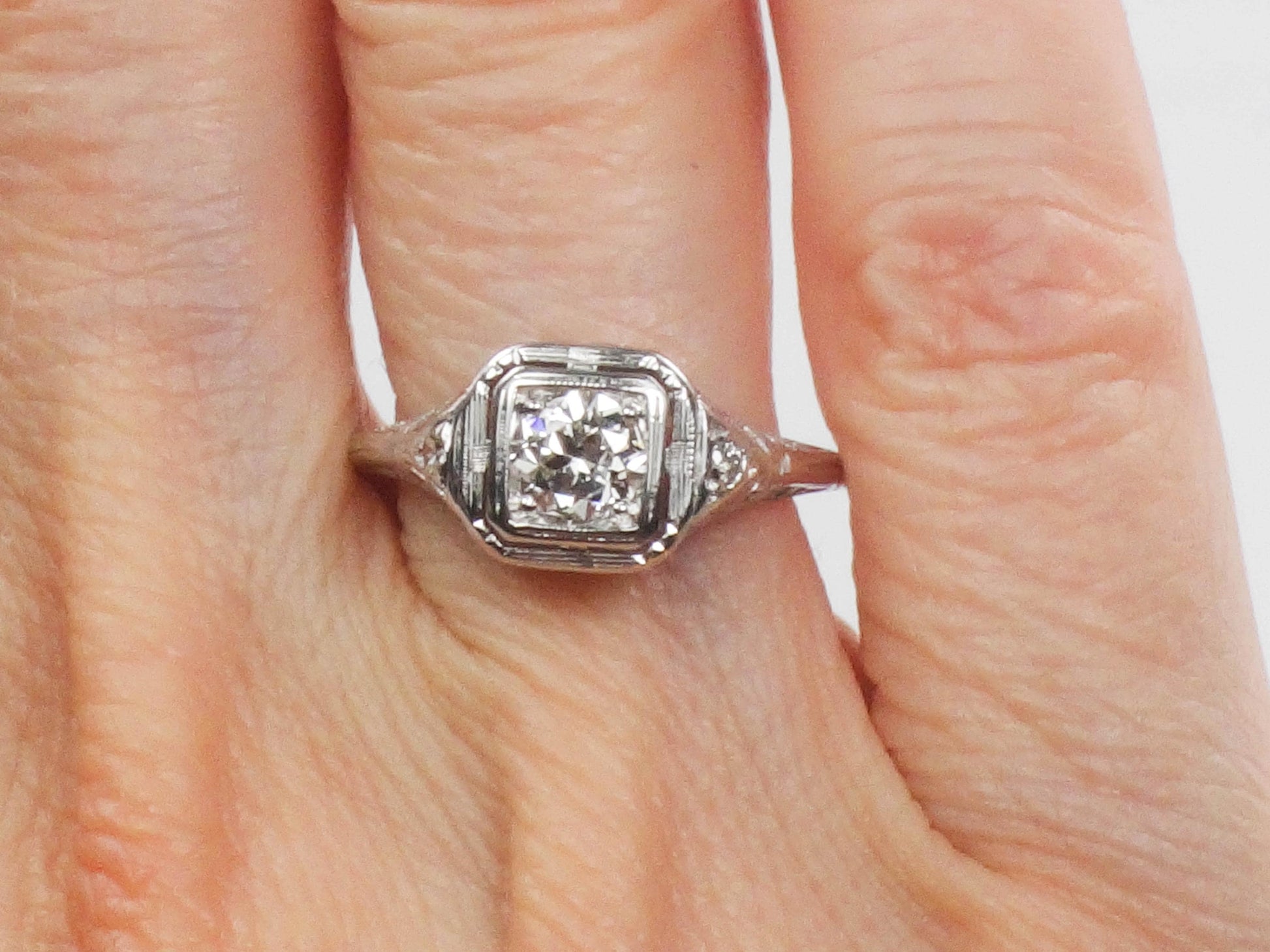 Vintage Art Deco 18k White Gold Transitional Old Mine Cut Natural Diamond Filigree Engagement Ring Size 6