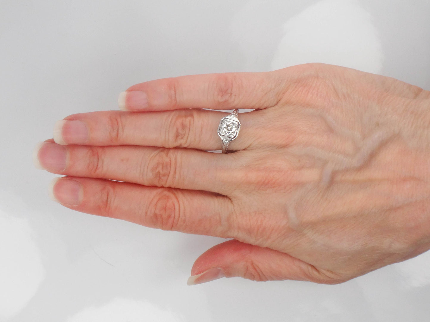 Vintage Art Deco 18k White Gold Transitional Old Mine Cut Natural Diamond Filigree Engagement Ring Size 6