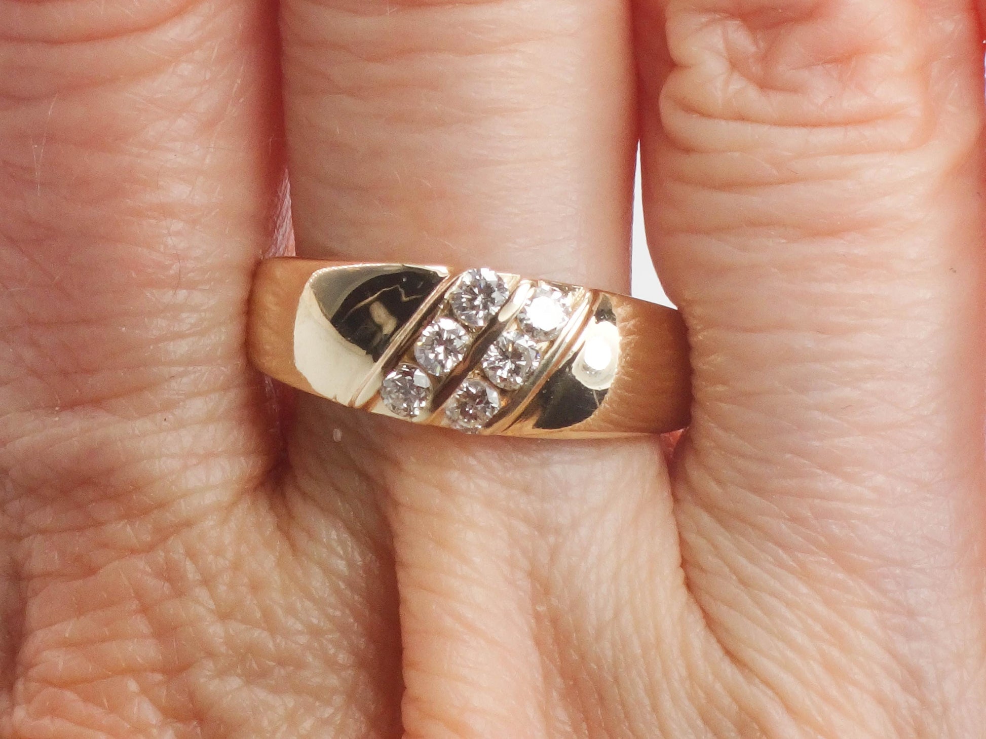 Vintage 14k Yellow Gold Two Row Natural Diamond Ring, Size 8 Diamond Band