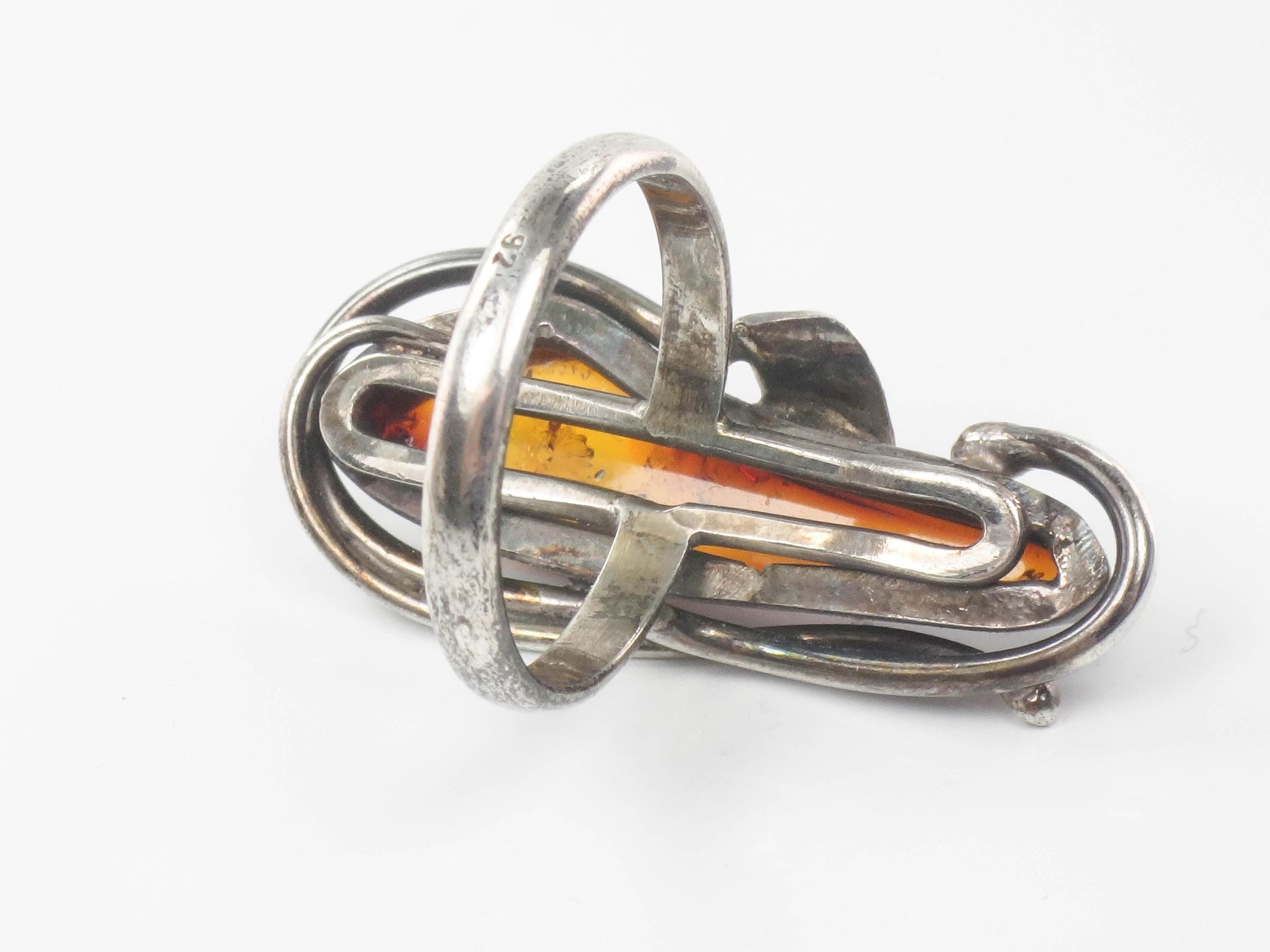 Large Sterling Silver Amber Ring - Size 9.25 - Vintage Freeform Shaped Fine Jewelry - Circa 1960's