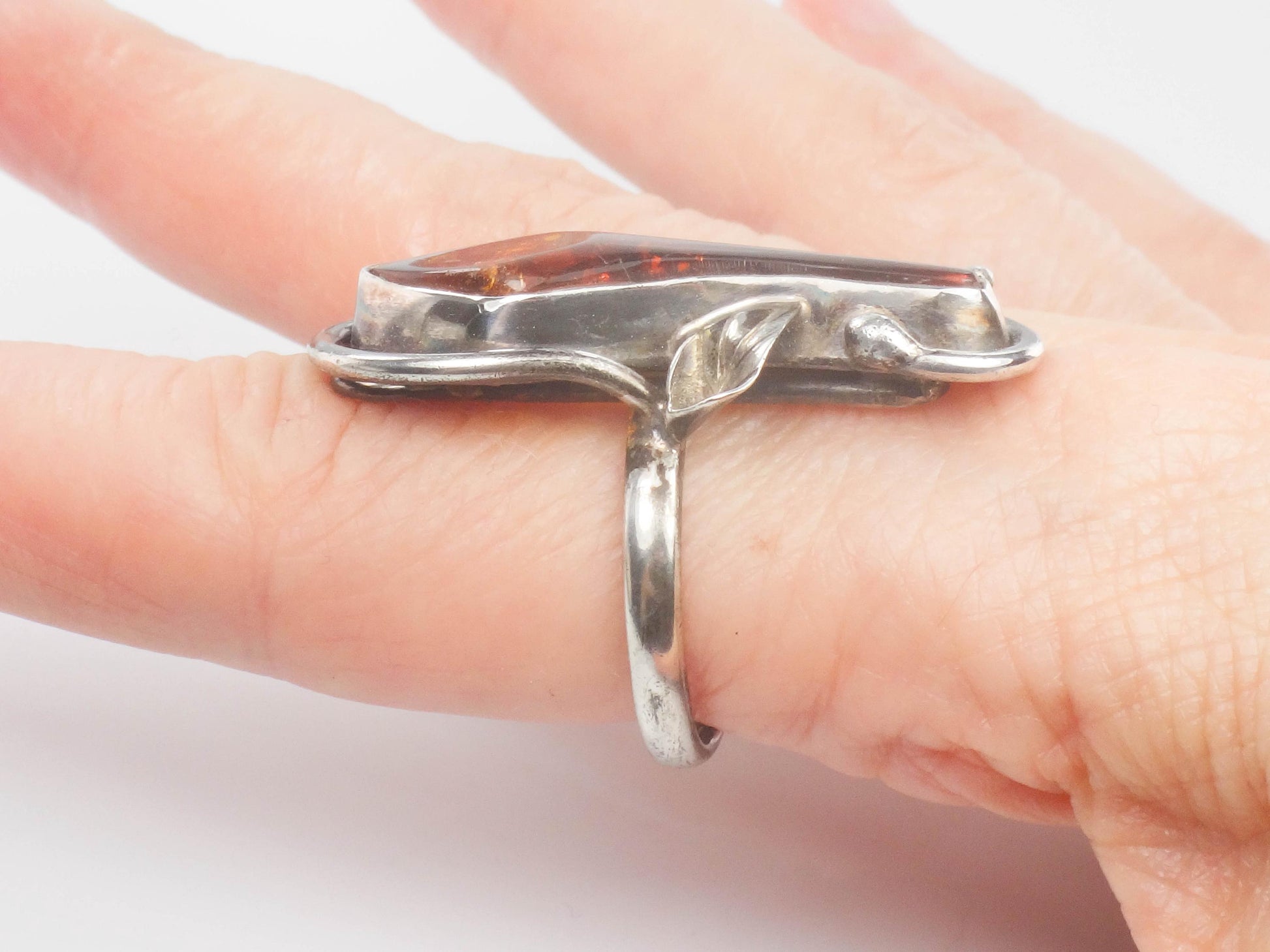 Large Sterling Silver Amber Ring - Size 9.25 - Vintage Freeform Shaped Fine Jewelry - Circa 1960's