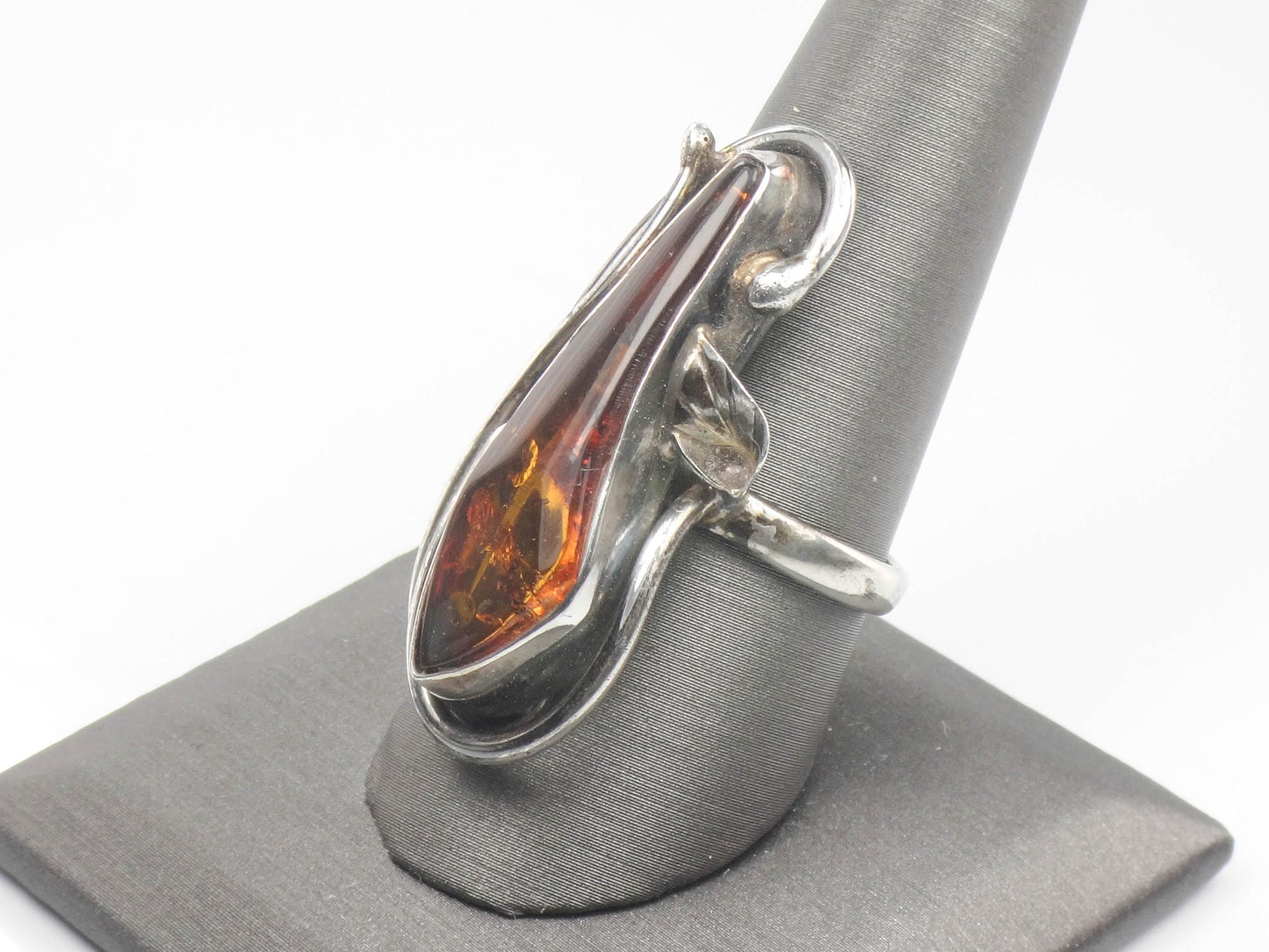 Large Sterling Silver Amber Ring - Size 9.25 - Vintage Freeform Shaped Fine Jewelry - Circa 1960's
