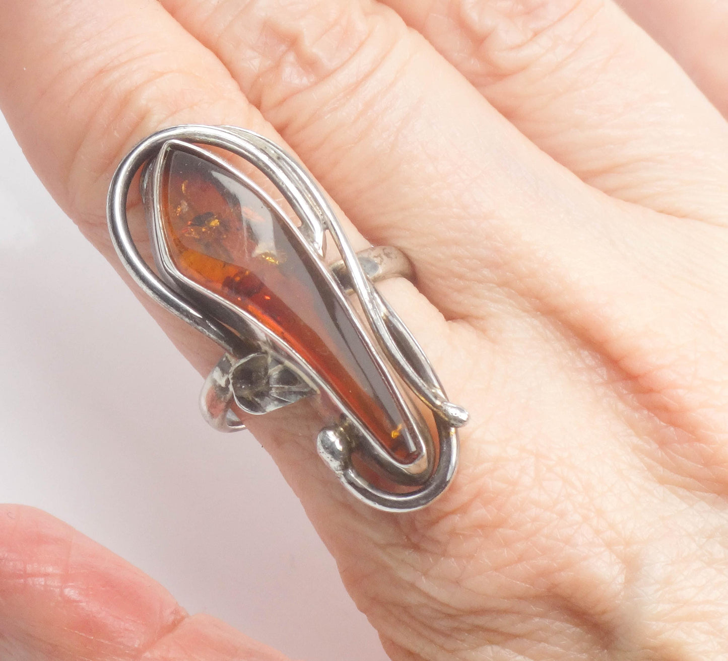 Large Sterling Silver Amber Ring - Size 9.25 - Vintage Freeform Shaped Fine Jewelry - Circa 1960's