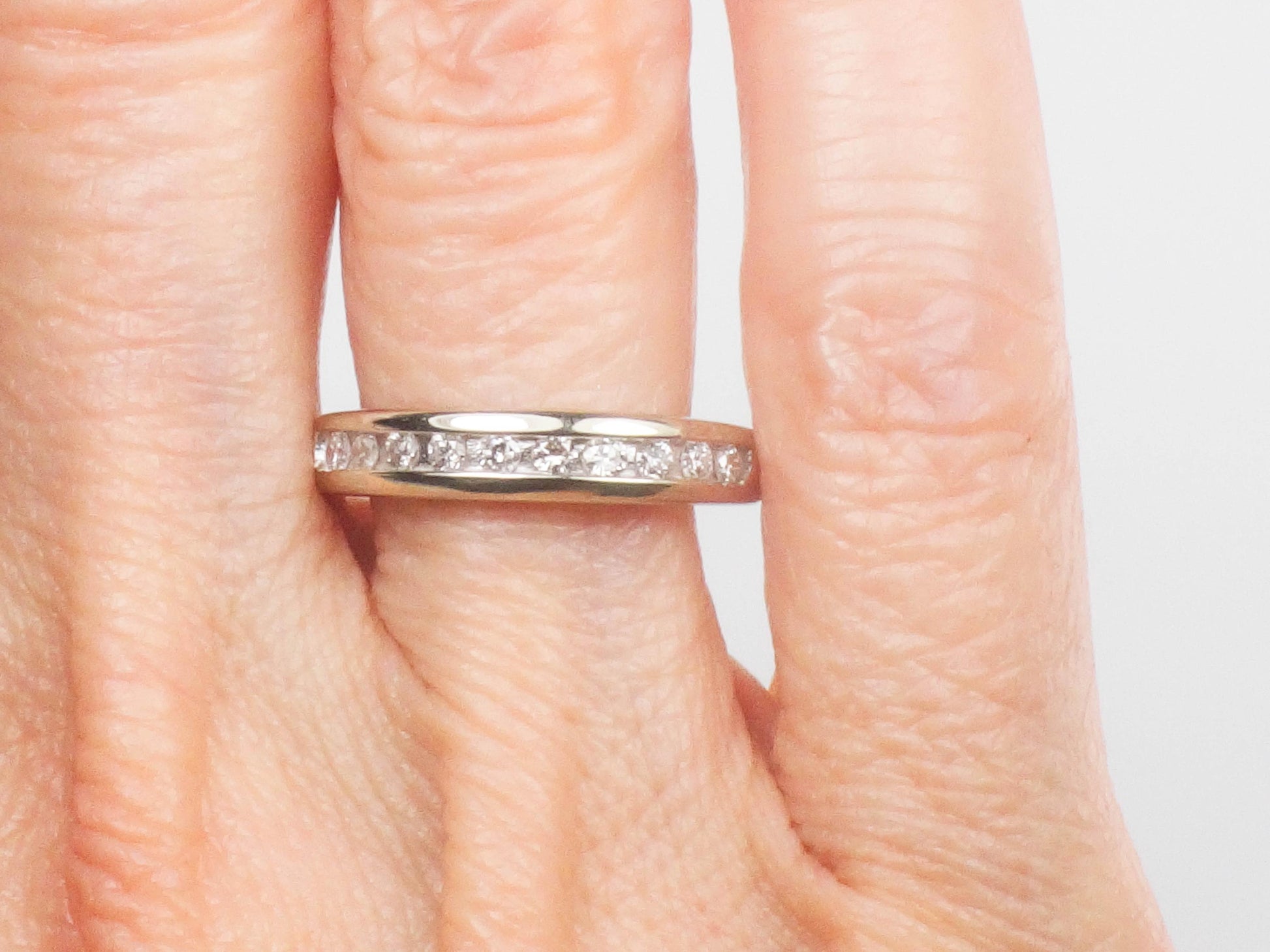 Vintage 14k White Gold Diamond Wedding Band - Channel Set Ring, Size 7