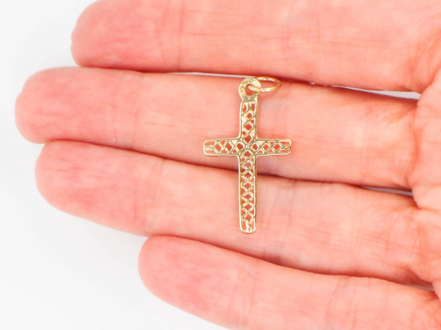 Solid 14k Yellow Gold Cross Pendant - Vintage Filigree Openwork Christian Religious Jewelry
