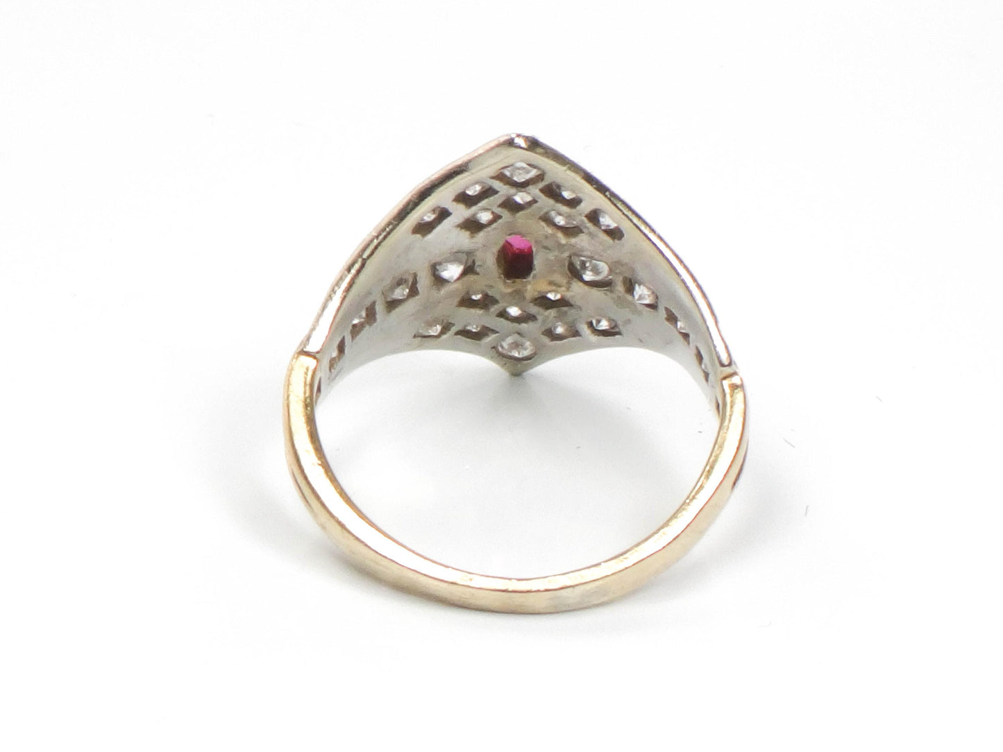Vintage 14k Two Tone Gold Natural Ruby and Diamond Shield Ring Size 4.5 Cigar Band Style