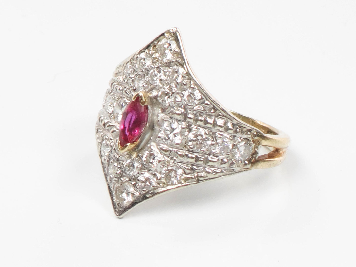 Vintage 14k Two Tone Gold Natural Ruby and Diamond Shield Ring Size 4.5 Cigar Band Style