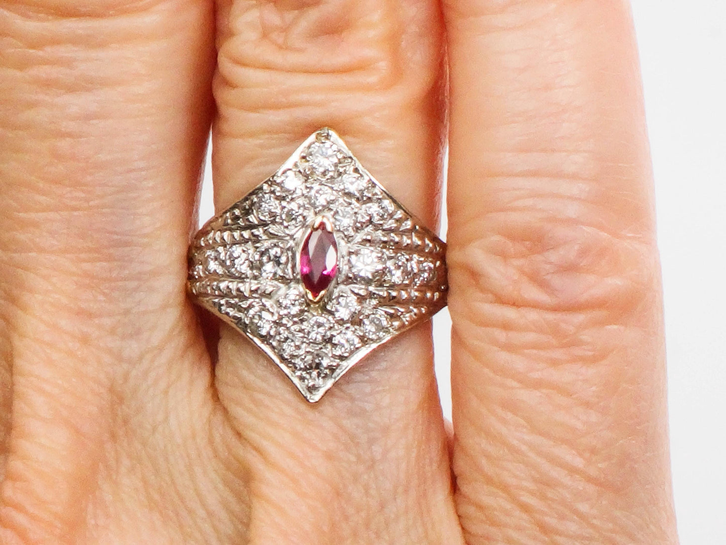 Vintage 14k Two Tone Gold Natural Ruby and Diamond Shield Ring Size 4.5 Cigar Band Style