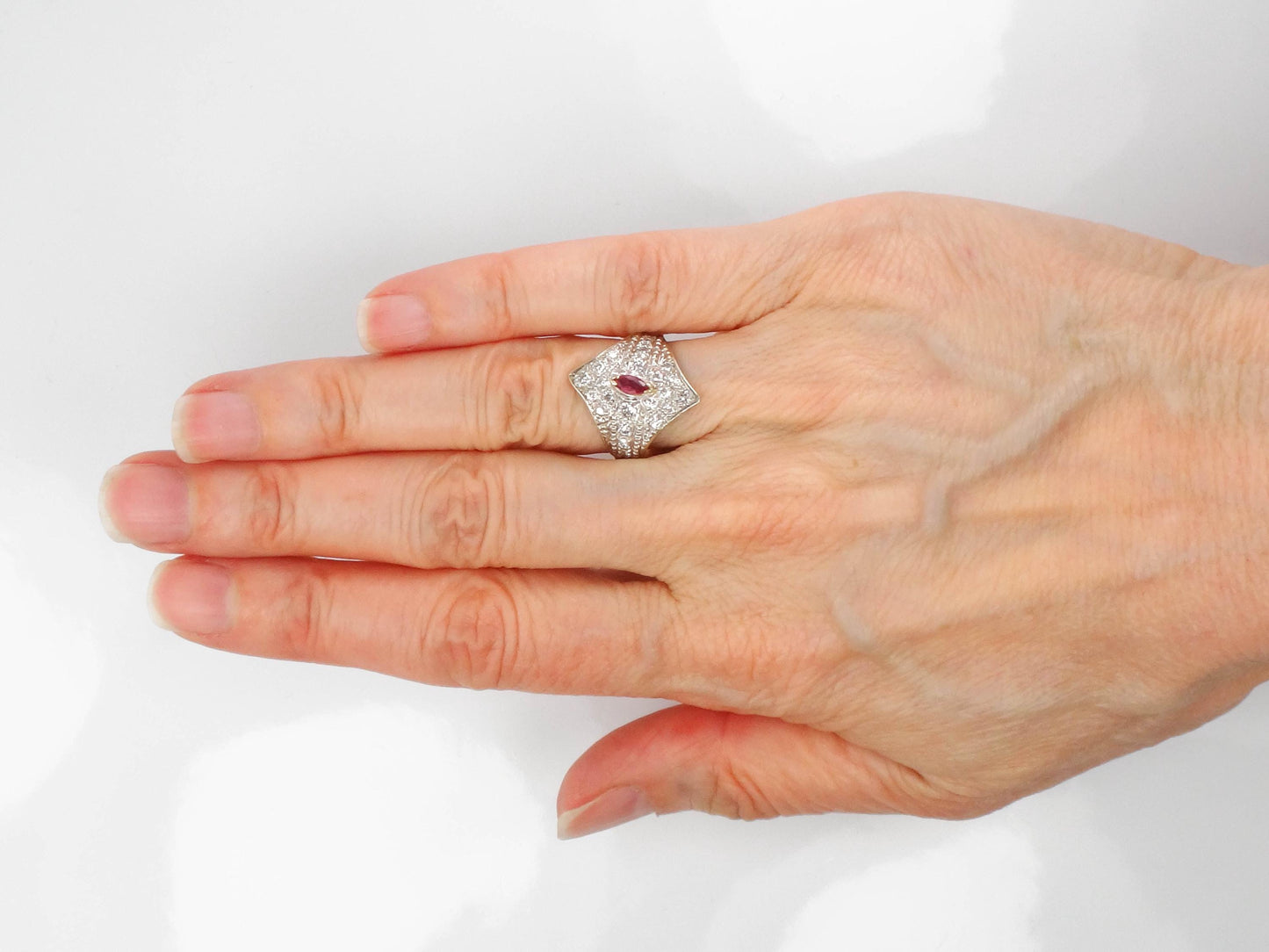 Vintage 14k Two Tone Gold Natural Ruby and Diamond Shield Ring Size 4.5 Cigar Band Style