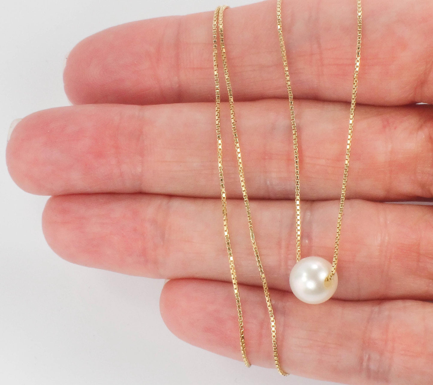 18k Pearl Necklace - Yellow Gold Minimalist 7.5 MM White Cultured Pendant 20" - Vintage Fine Bridal Jewelry