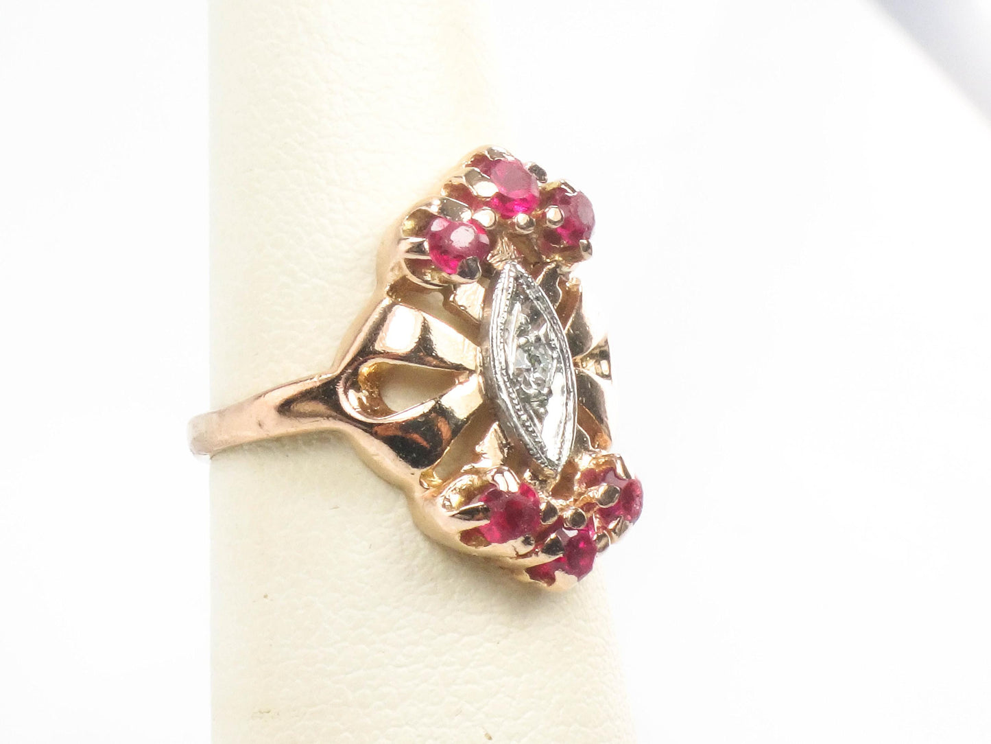 Rose Gold Ruby and Diamond Ring - Retro 1940's 14k July Birthstone Ring - Size 6 - Fine Jewelry
