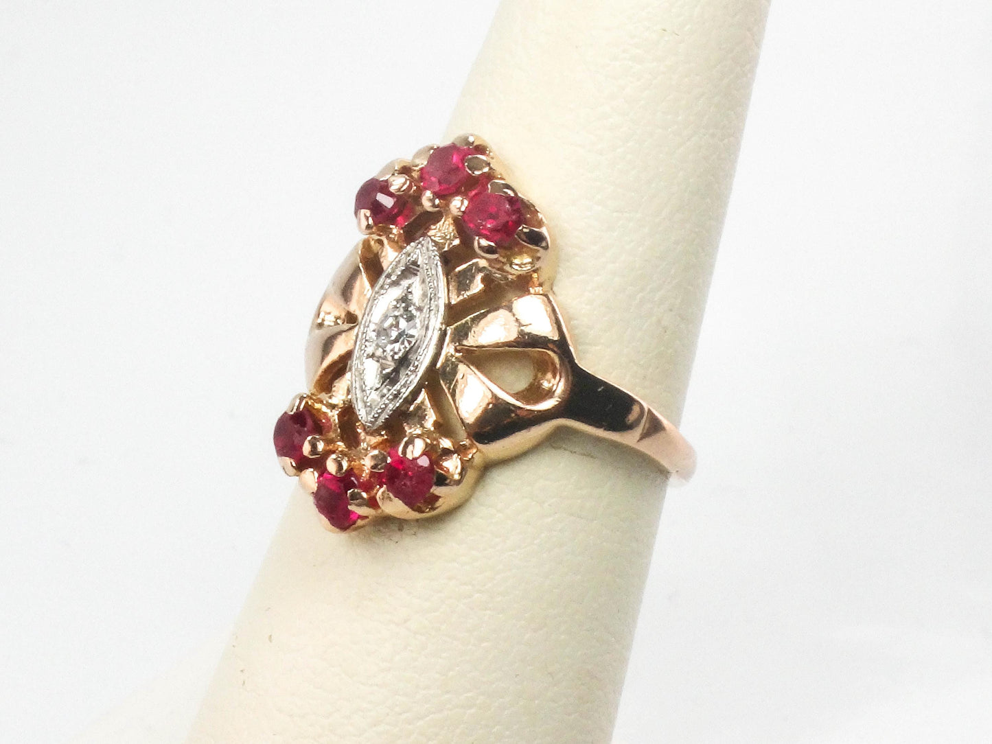 Rose Gold Ruby and Diamond Ring - Retro 1940's 14k July Birthstone Ring - Size 6 - Fine Jewelry