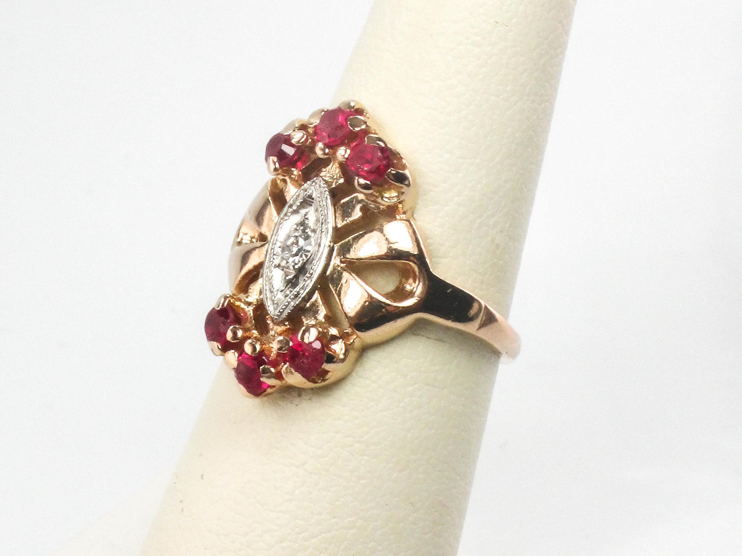 1940s Retro 14k Rose Gold Ruby Diamond Ring - July Birthstone, Size 6