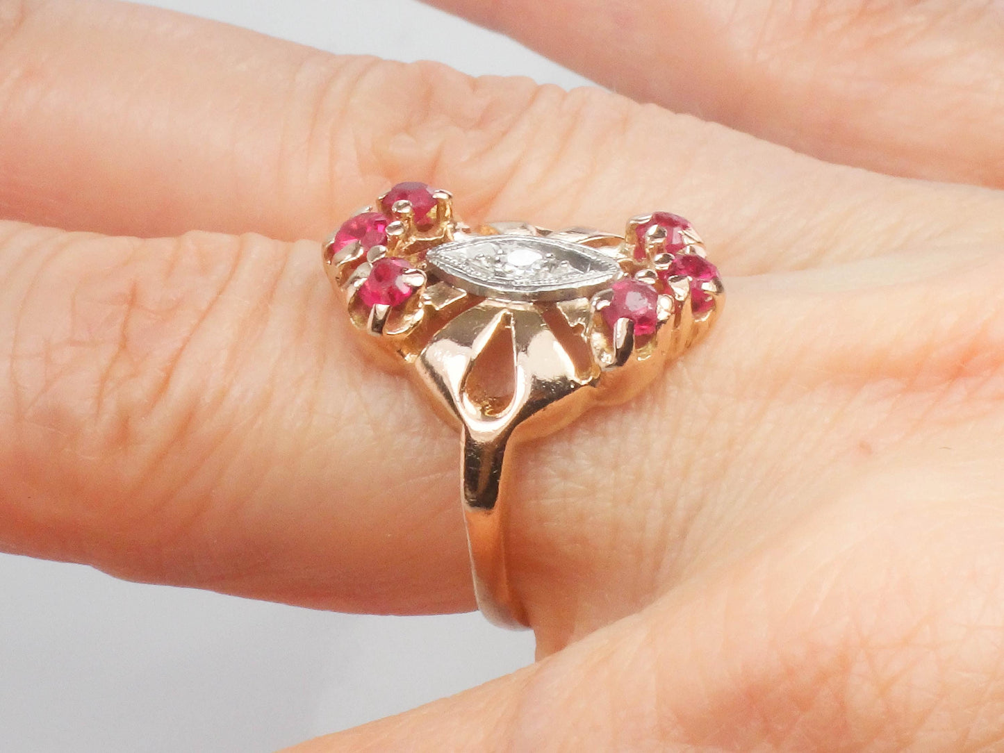 Rose Gold Ruby and Diamond Ring - Retro 1940's 14k July Birthstone Ring - Size 6 - Fine Jewelry
