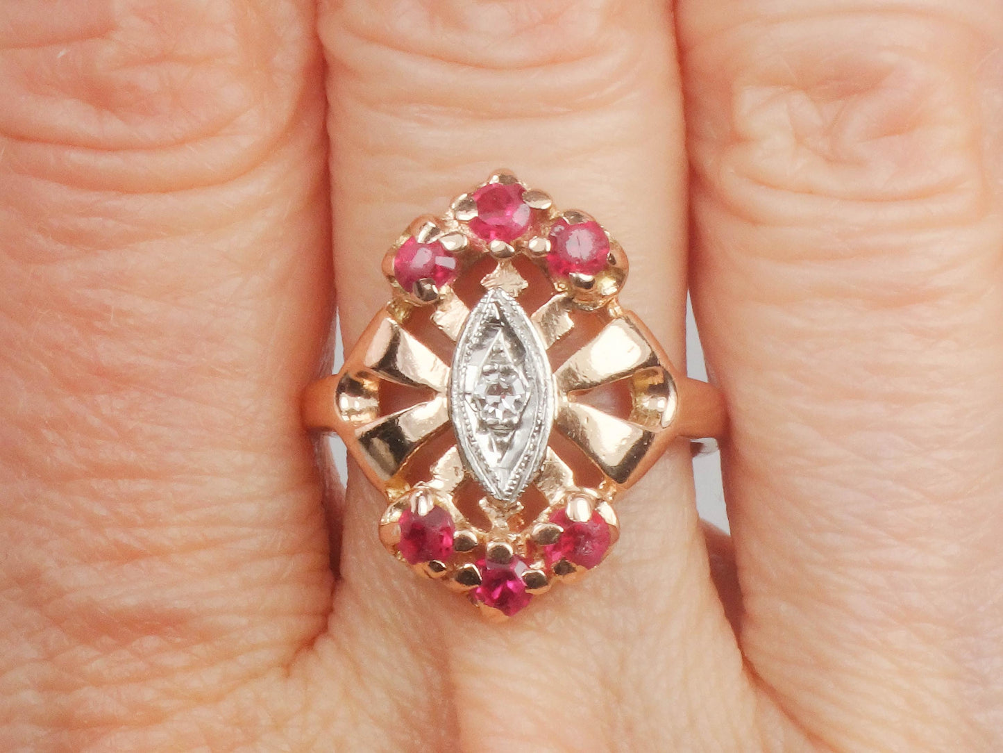 Rose Gold Ruby and Diamond Ring - Retro 1940's 14k July Birthstone Ring - Size 6 - Fine Jewelry