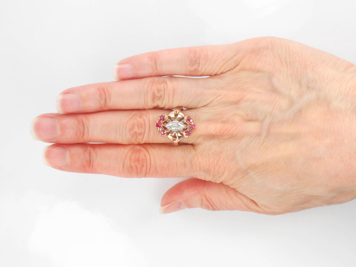 1940s Retro 14k Rose Gold Ruby Diamond Ring - July Birthstone, Size 6