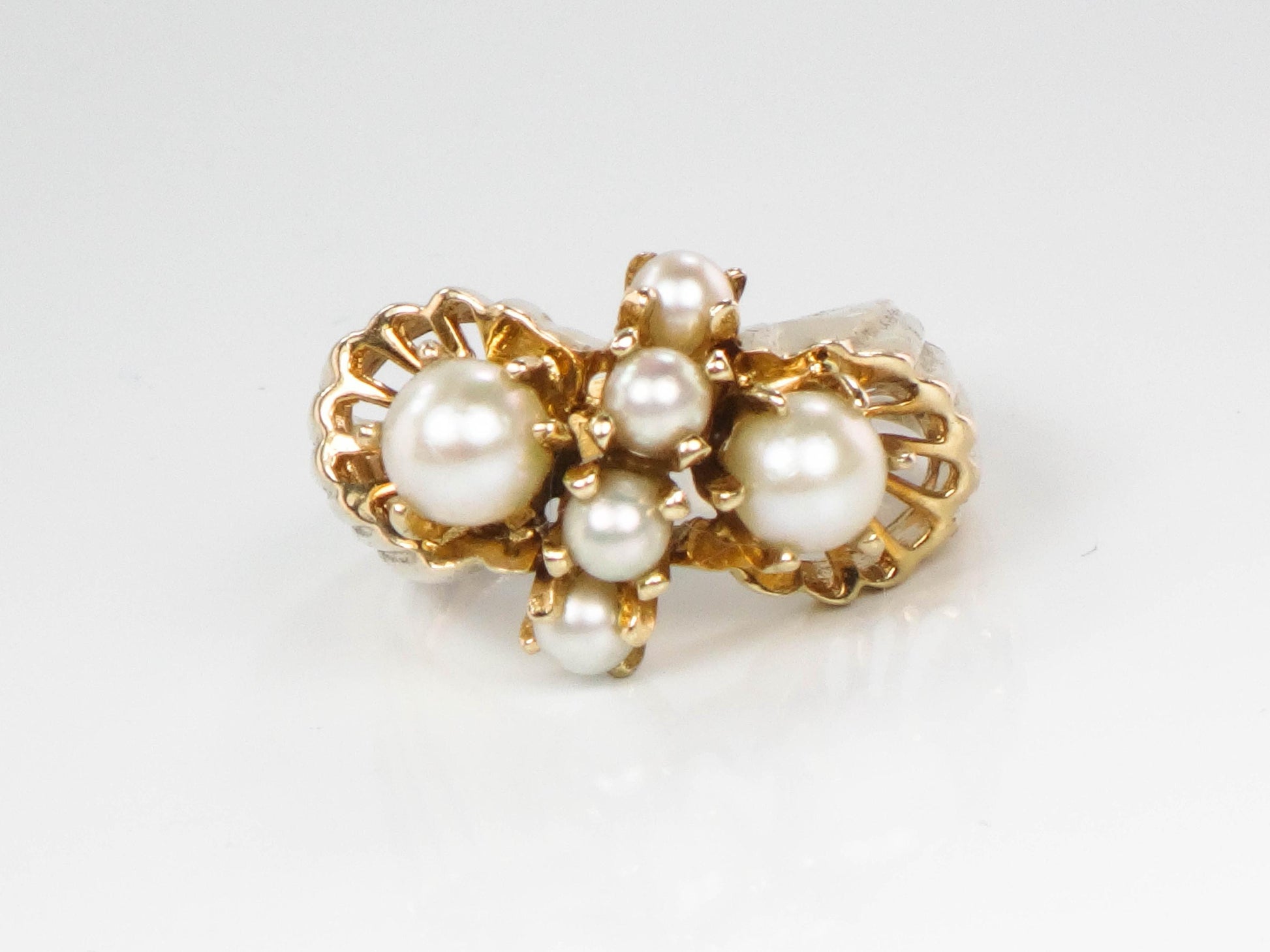 Vintage 14k Yellow Gold Cultured Pearl Cluster Ring, June Birthstone Jewelry, Size 7