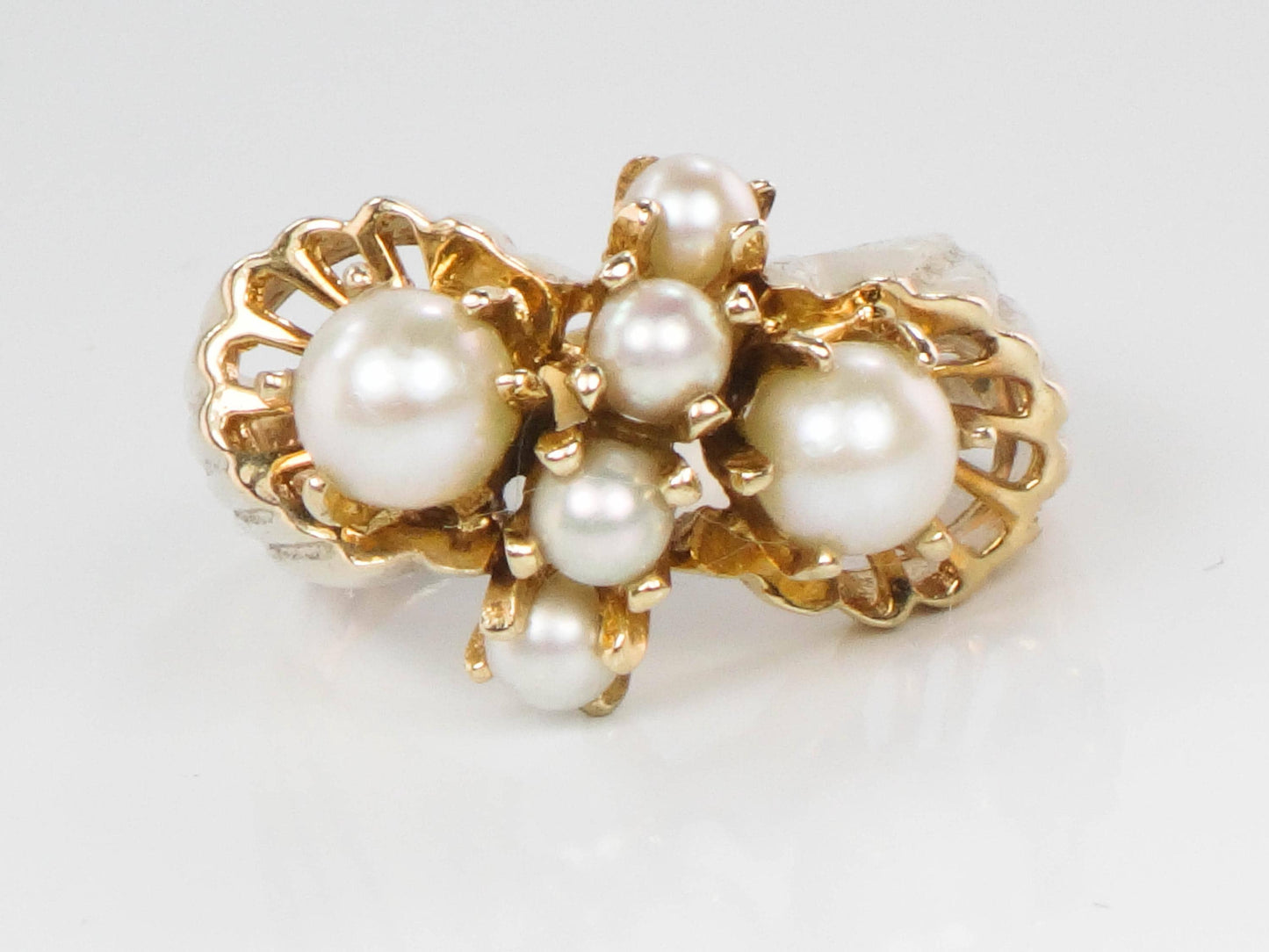 Vintage 14k Yellow Gold Cultured Pearl Cluster Ring, June Birthstone Jewelry, Size 7