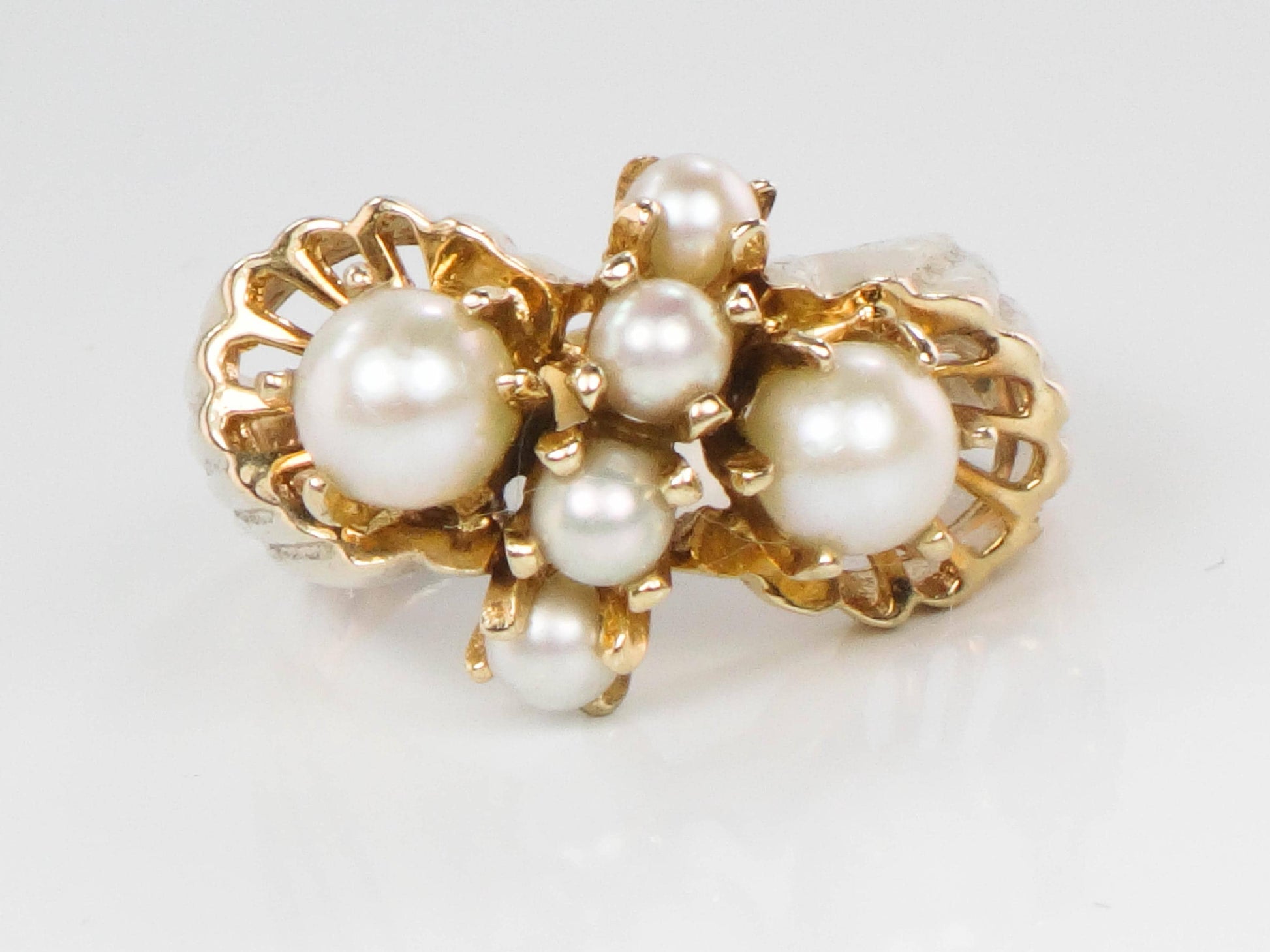 Vintage 14k Yellow Gold Cultured Pearl Cluster Ring, June Birthstone Jewelry, Size 7