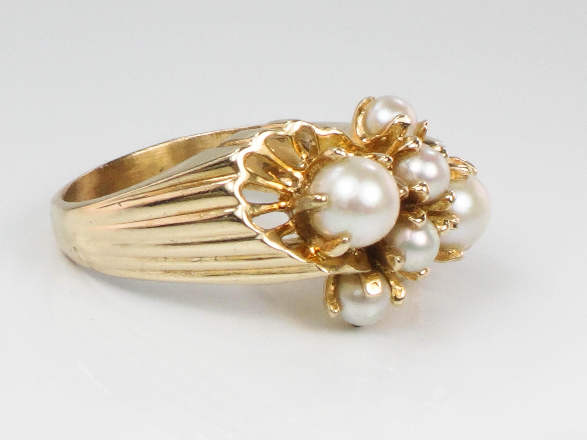 Vintage 14k Yellow Gold Cultured Pearl Cluster Ring, June Birthstone Jewelry, Size 7