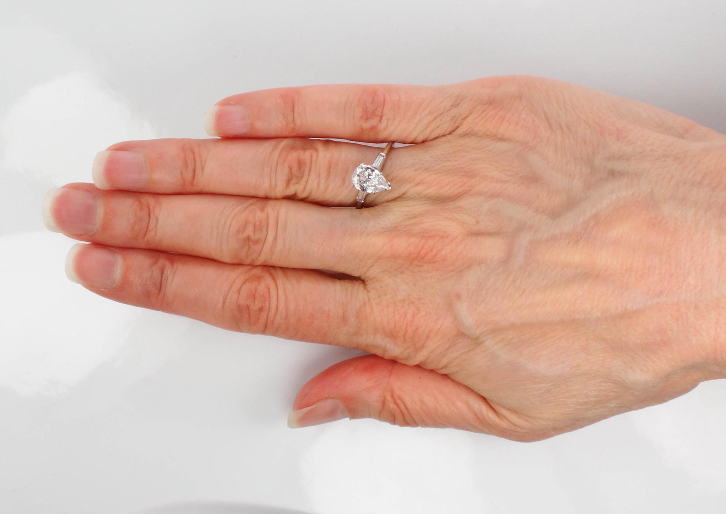 14k Pear Cut Cubic Zirconia Engagement Ring with Sapphire Baguettes - White Gold Vintage Fine Jewelry - Size 6.25