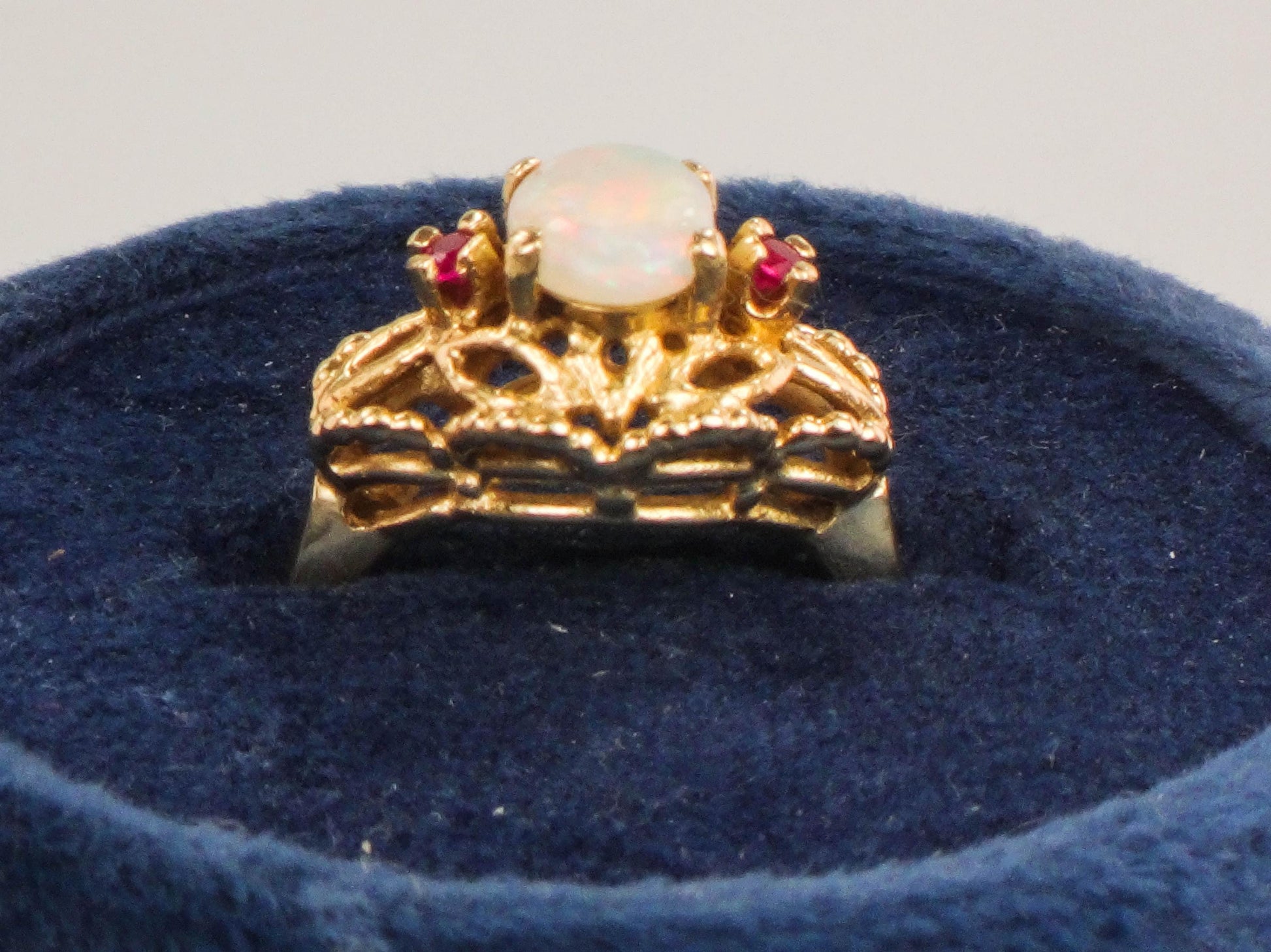 Vintage 14k Yellow Gold Genuine Opal Ring with Rubies October Birthstone Size 6.25