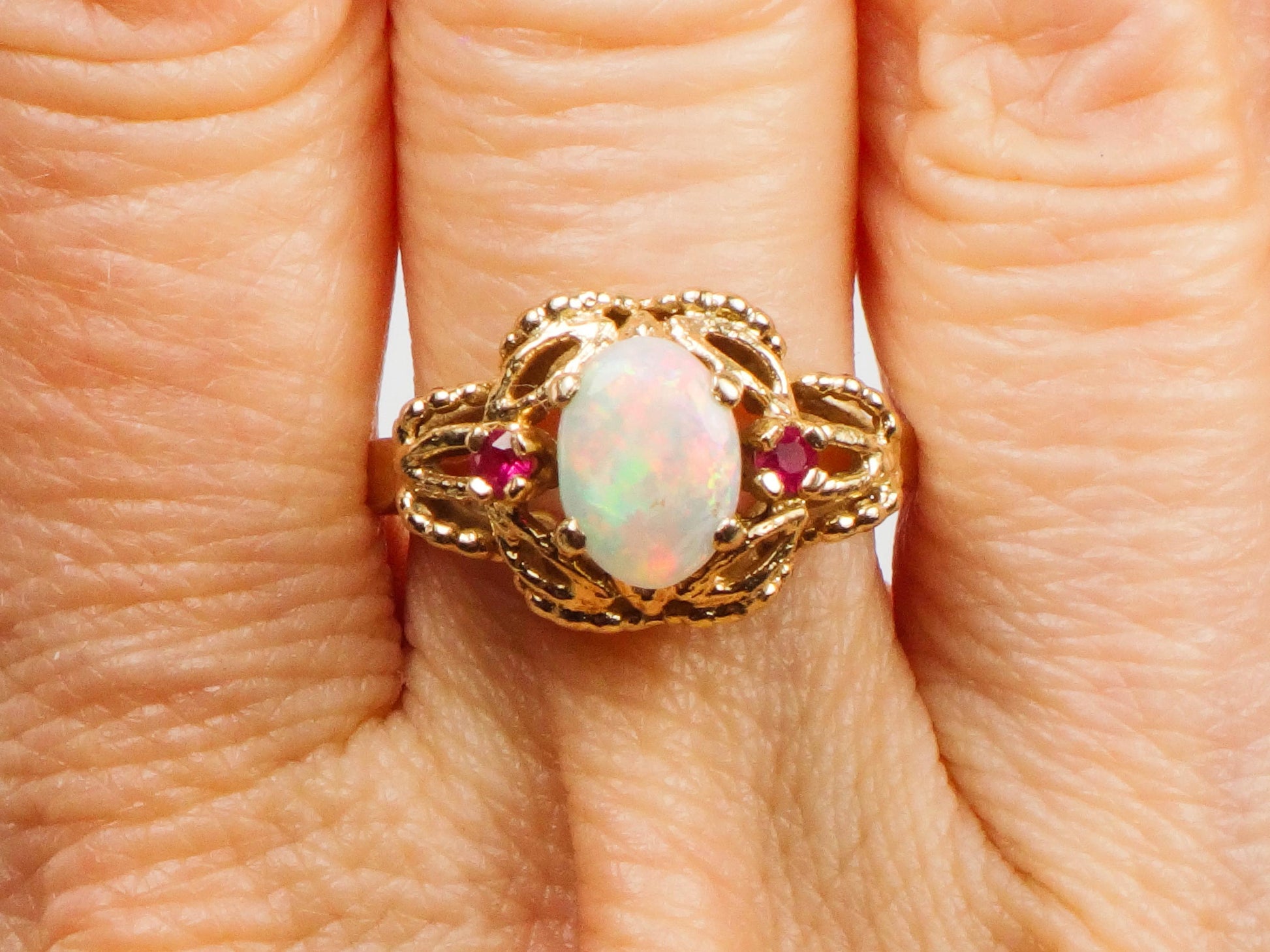 Vintage 14k Yellow Gold Genuine Opal Ring with Rubies October Birthstone Size 6.25