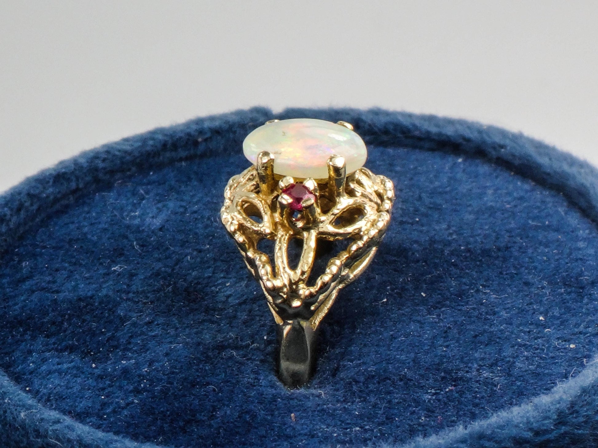 Vintage 14k Yellow Gold Genuine Opal Ring with Rubies October Birthstone Size 6.25