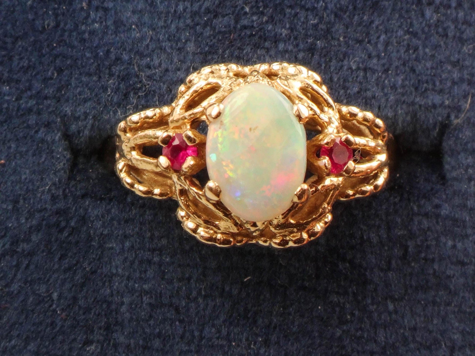 Vintage 14k Yellow Gold Genuine Opal Ring with Rubies October Birthstone Size 6.25